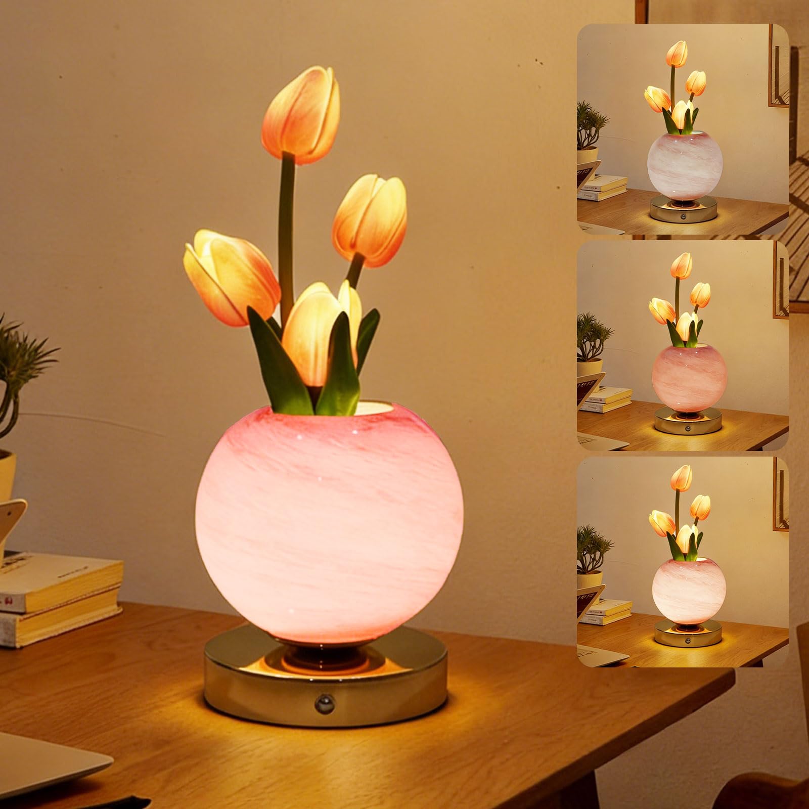 CECOMBINE Tulip Flower Lamps, 3-Color Infinitely Dimming Tulip Table Lamp, USB Rechargeable Cordless Table Lamp, Floral Tables Mood Light Party Home Decoration, Romantic Gifts for Girl Women Mom