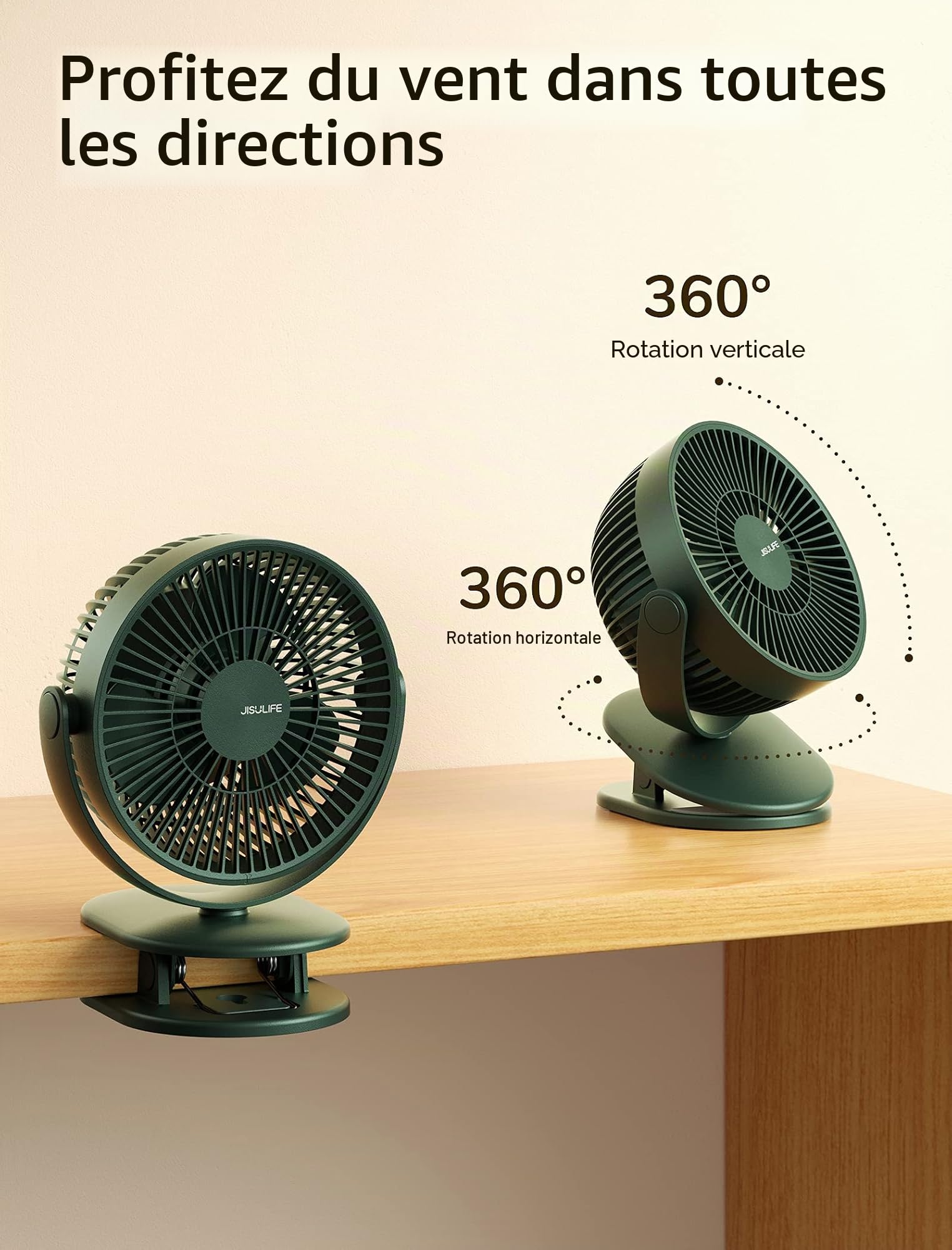 JISULIFE Mini Ventilateur à Pince, Petit Ventilateur USB avec Batterie Rechargeable de 4000mAh, 4 Vitesses, Max 14 Heures, Petit et Silencieux pour Lit, Bureau, Poussette - Vert Foncé