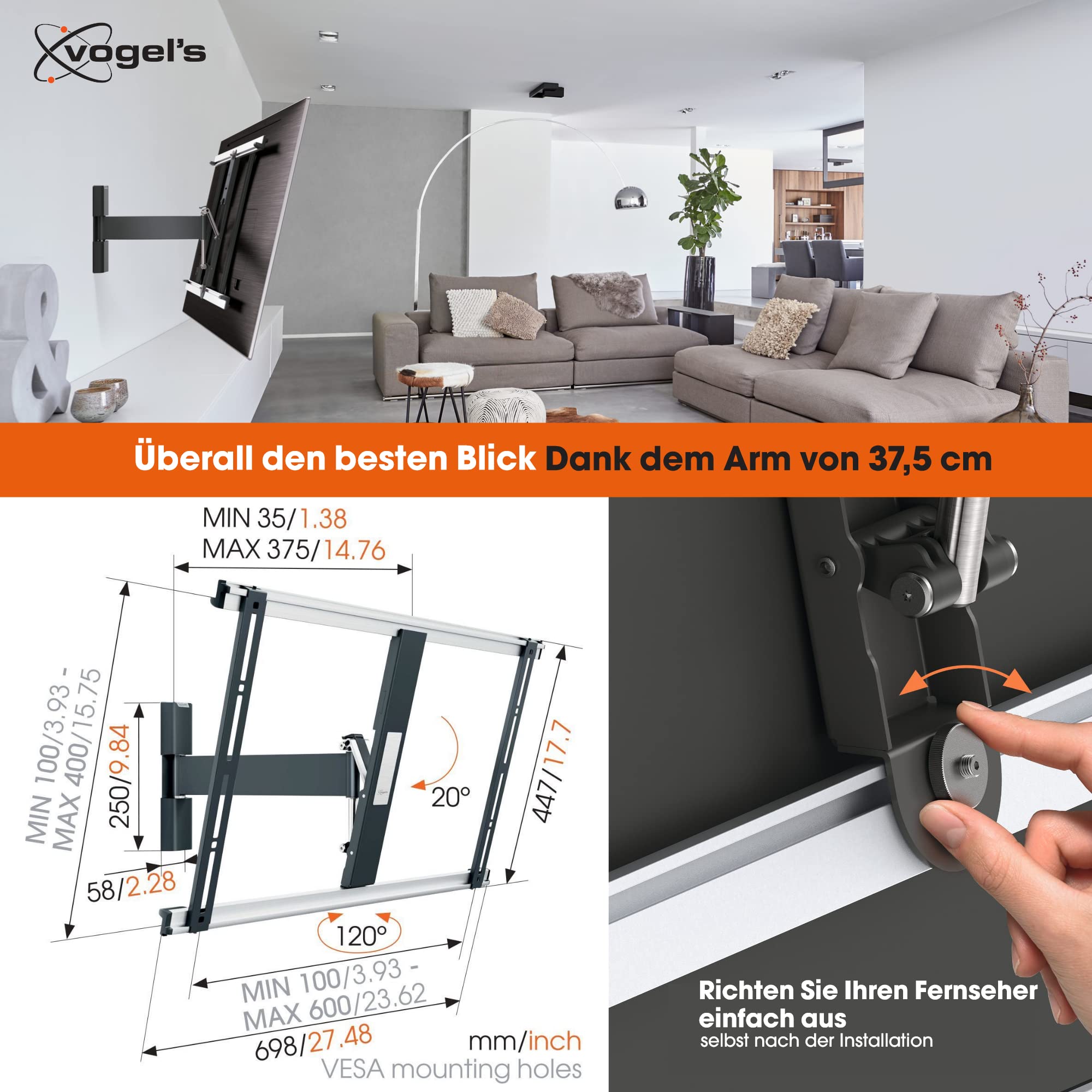 Vogel's Thin 525 Schwenkbare TV-Wandhalterung Für 40-65 Zoll (102-165 cm) Fernseher, Schwenkbar Bis Zu 120°, Neigbar, Max. 25 Kg, Max. VESA 600 X 400, Ultradünne TV Halterung, TÃœV-Zertifiziert