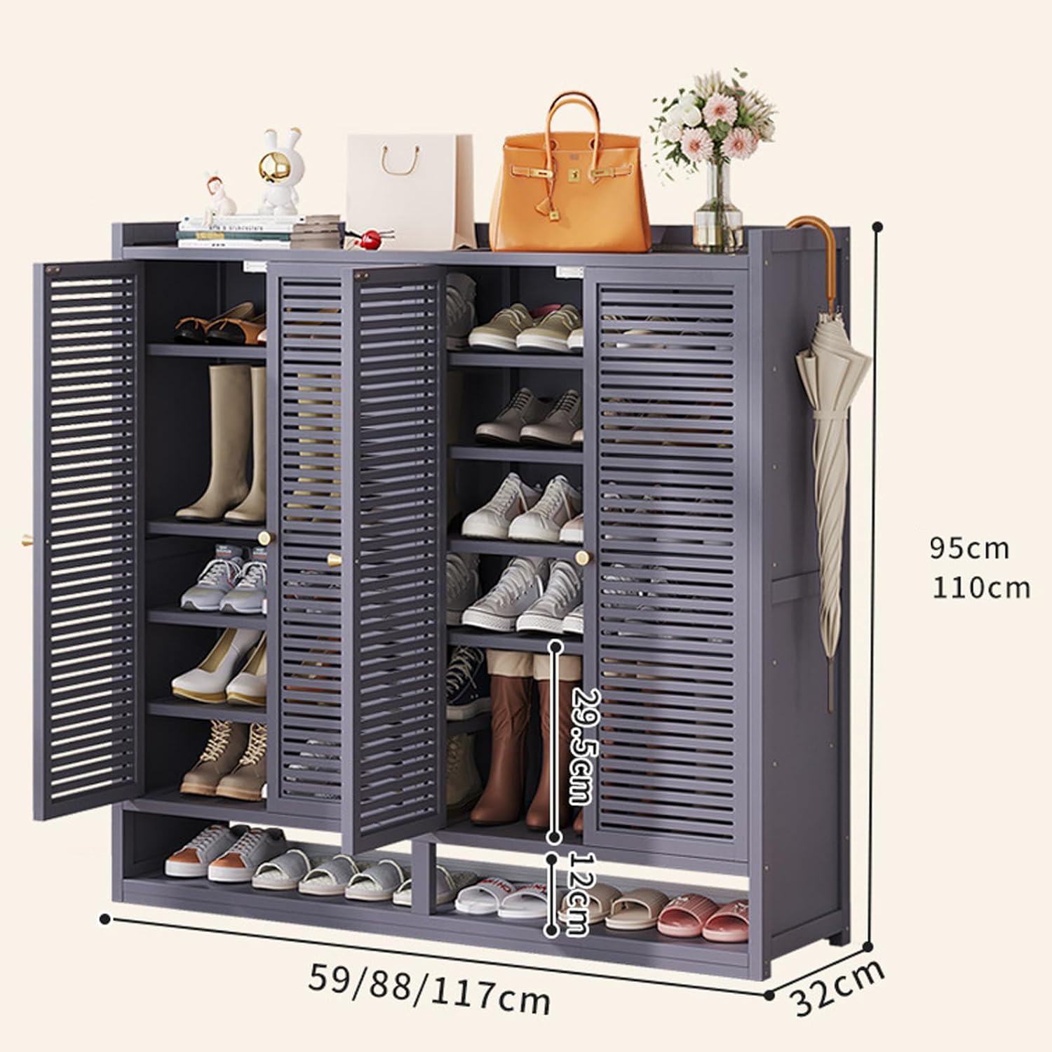 ルーバードア付き竹製シューズキャビネット 換気玄関靴収納 小さな