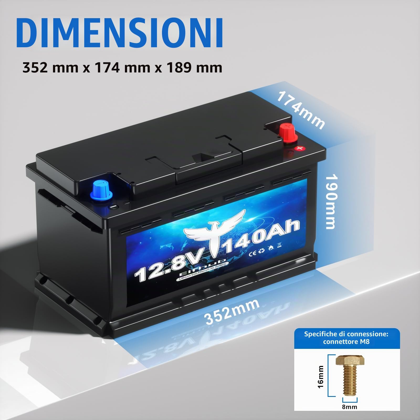 Batteria LiFePO4 H190 da 12 V e 140 Ah, altezza 189 mm, batteria al litio a ciclo profondo da 1792 Wh con BMS Bluetooth intelligente da 150 A, protezione dalle basse temperature, batteria di ricambio