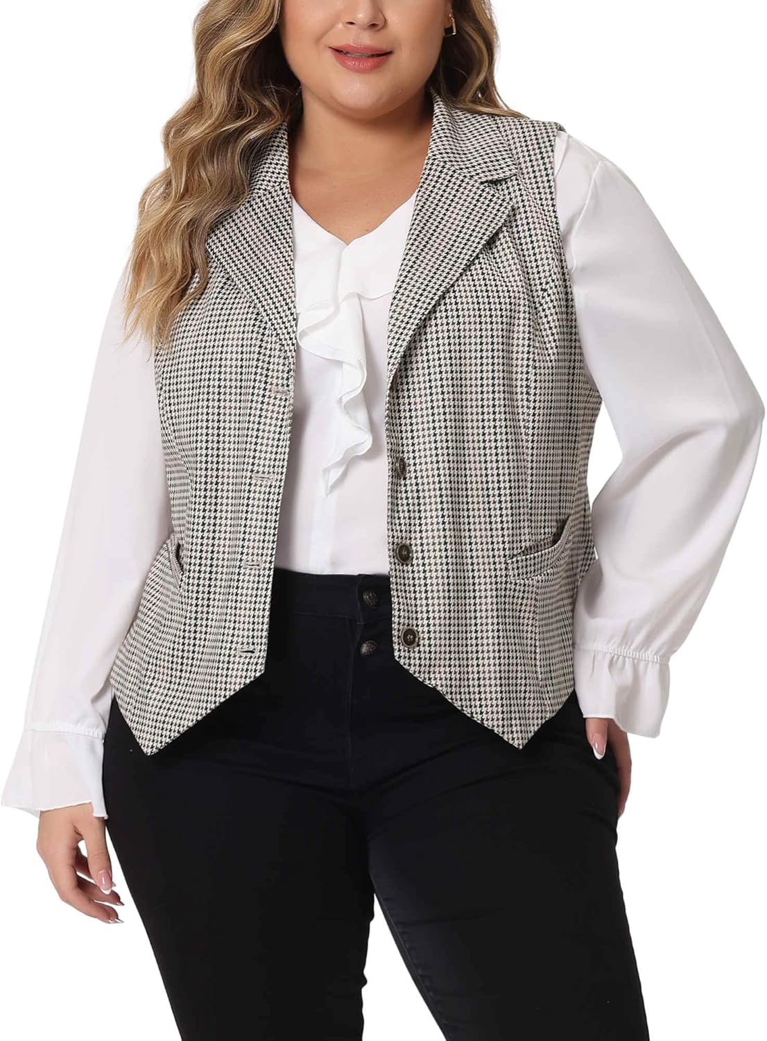 Agnes Orinda Plus Size Suit Vest Top for Women Vintage Plaid Waistcoat Vest Sleeveless Button Steampunk Work Blazer - Image 2