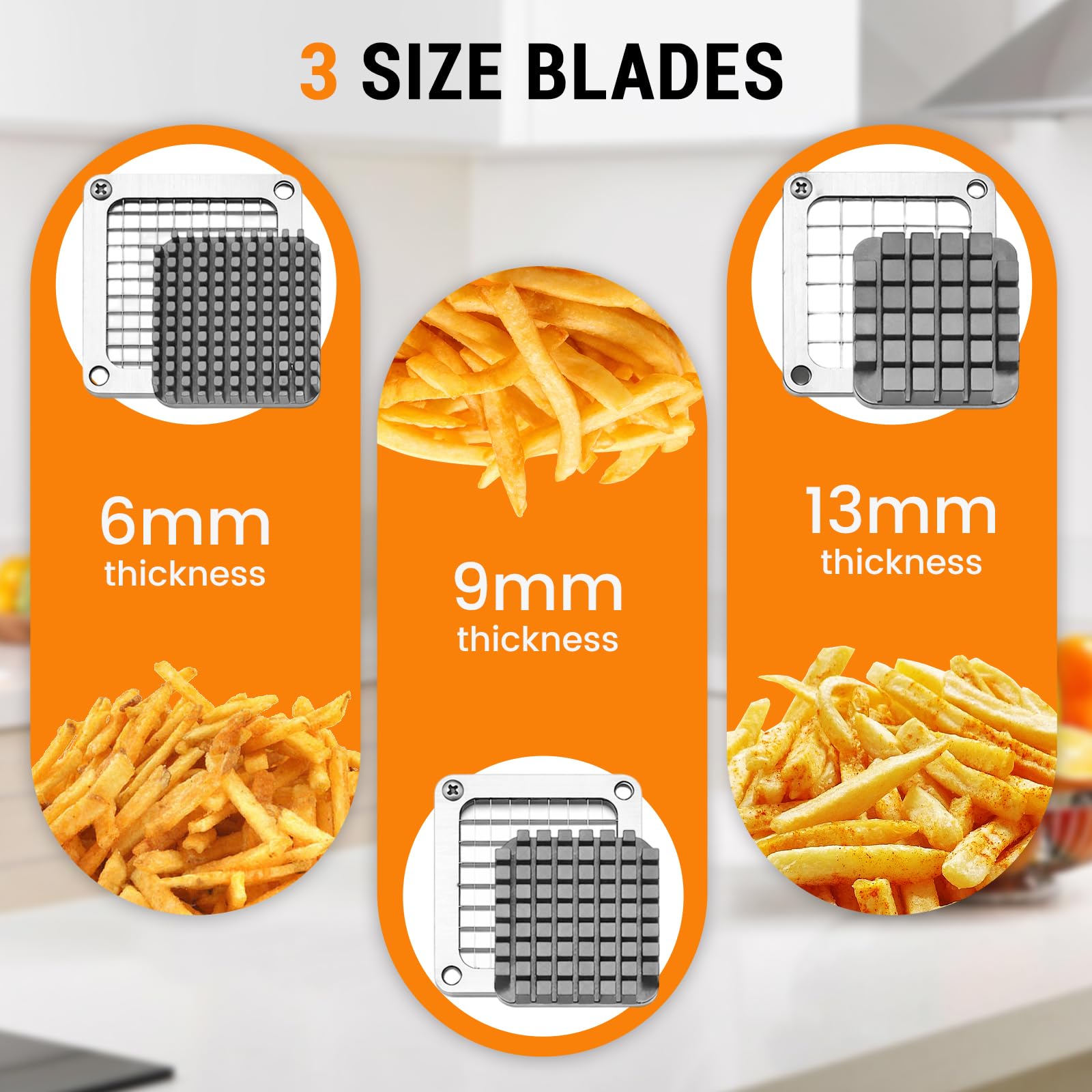 Pommesschneider, Professionell Kartoffelschneider mit 6mm, 9mm, 13mm Klingen aus Edelstahl, Pommes Frites Schneider Manuell mit Saugnapfbasis, Geeignet für Kartoffel Karotte Gurke Zwiebel