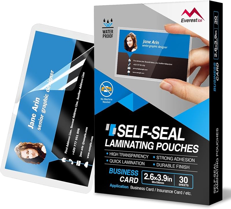 Everest Self Seal Laminating Pouches, Self Sealing for Small Cards Size, Waterproof, 10 Mil Thick, Gloss Finish, No Machine Needed (2.6x3.9, 30, Pack)