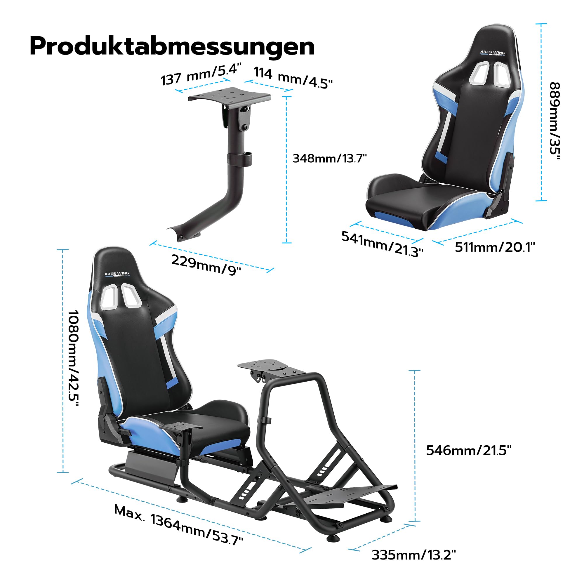 ARES WING Racing Simulator Cockpit mit Sitz, Blau | SIM Racing Cockpit Kompatibel mit Fanatec, Thrustmaster, Moza Racing Games Kompatibel mit PS, Xbox und PC