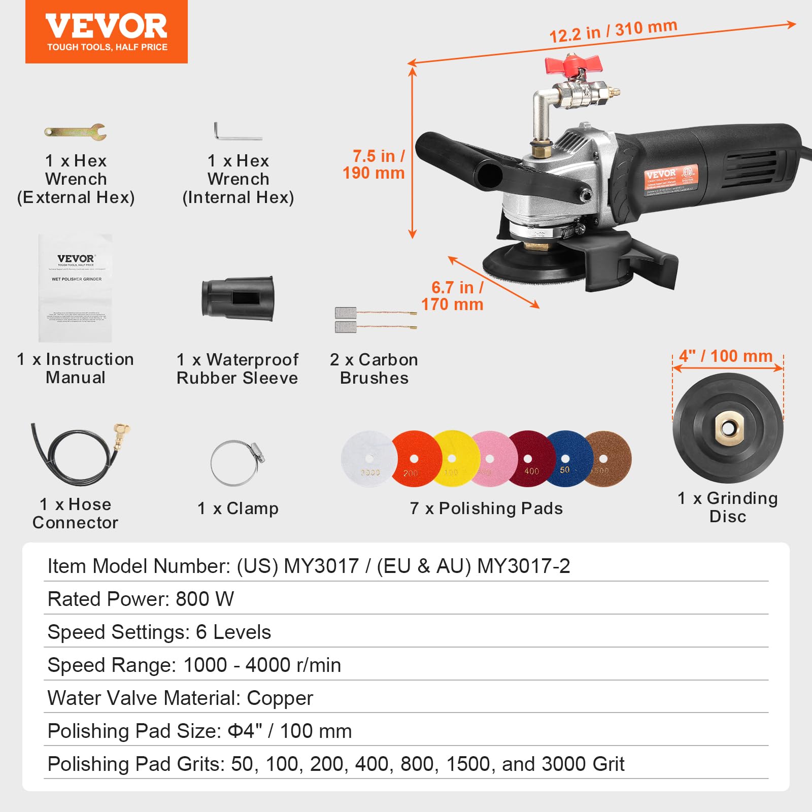 VEVOR Lucidatrice a Umido 800 W, Lucidatrice per Calcestruzzo da 100 mm 6 Velocità Regolabile 7 Tamponi per Lucidatura 1000-4000 giri/min, Interruttore GFCI, per Marmo, Pietra, Roccia, Piastrelle