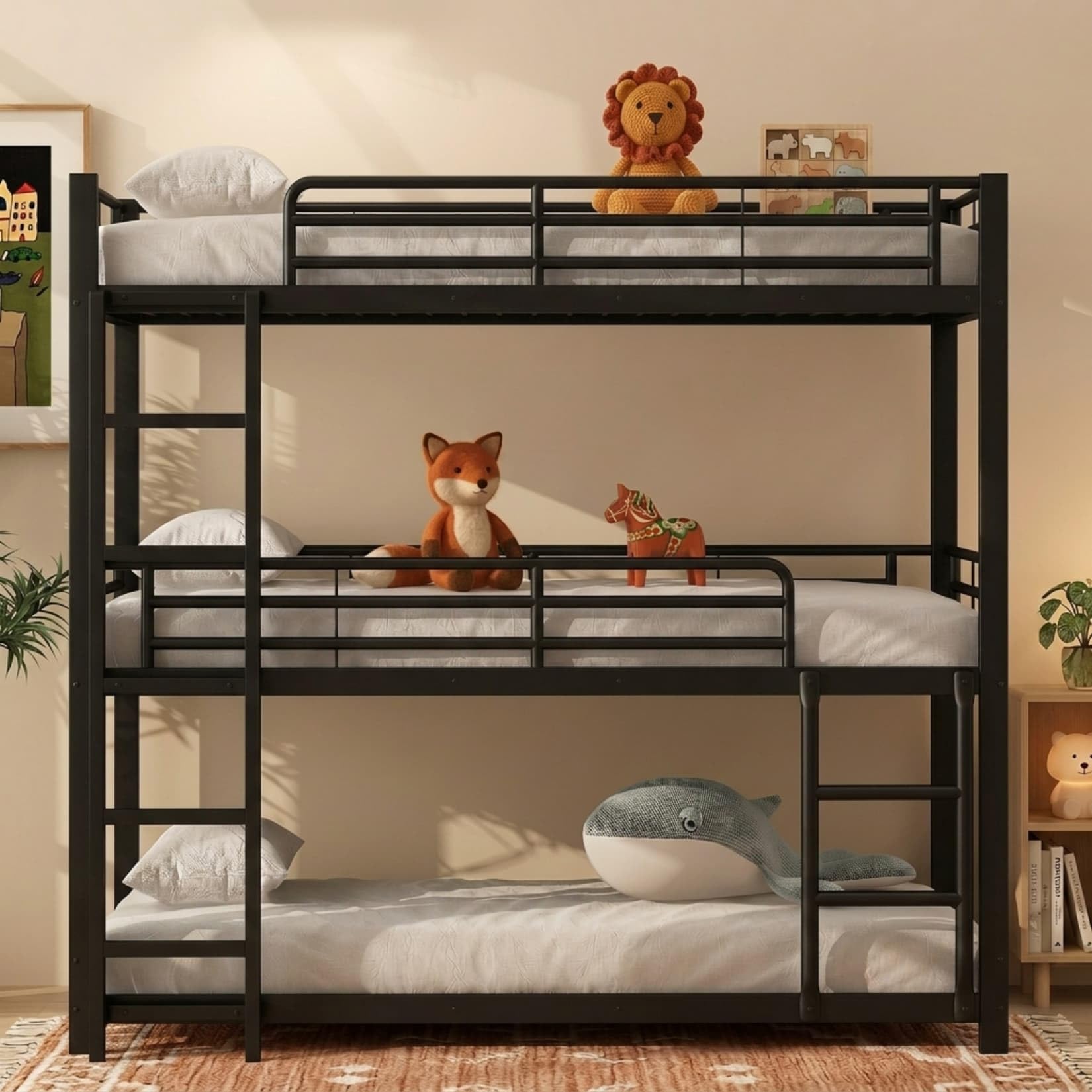 PUGSDRLY Lit Superposé 3 Place 90x200 avec Escalier,Sommier Robuste(B-Noir) | Quatre Barrières Haute,Escalier Robustes,pour Garçons Filles