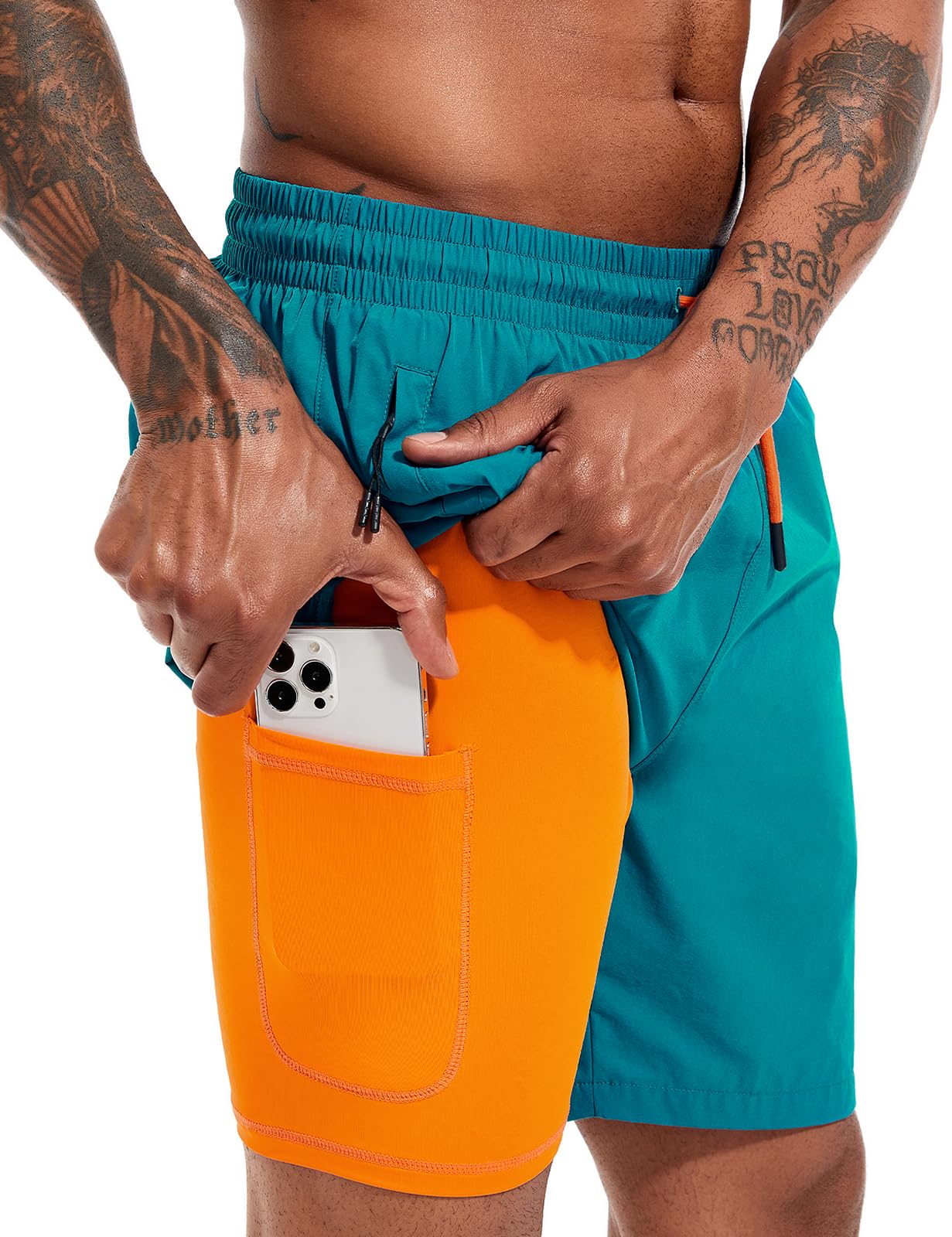 Atforna Badehose Herren Lang 2 in 1 Badeshorts mit Kompression Schnelltrocknend Atmungsaktiv Swim Shorts mit Reißverschlusstasche Verstellbar Tunnelzug