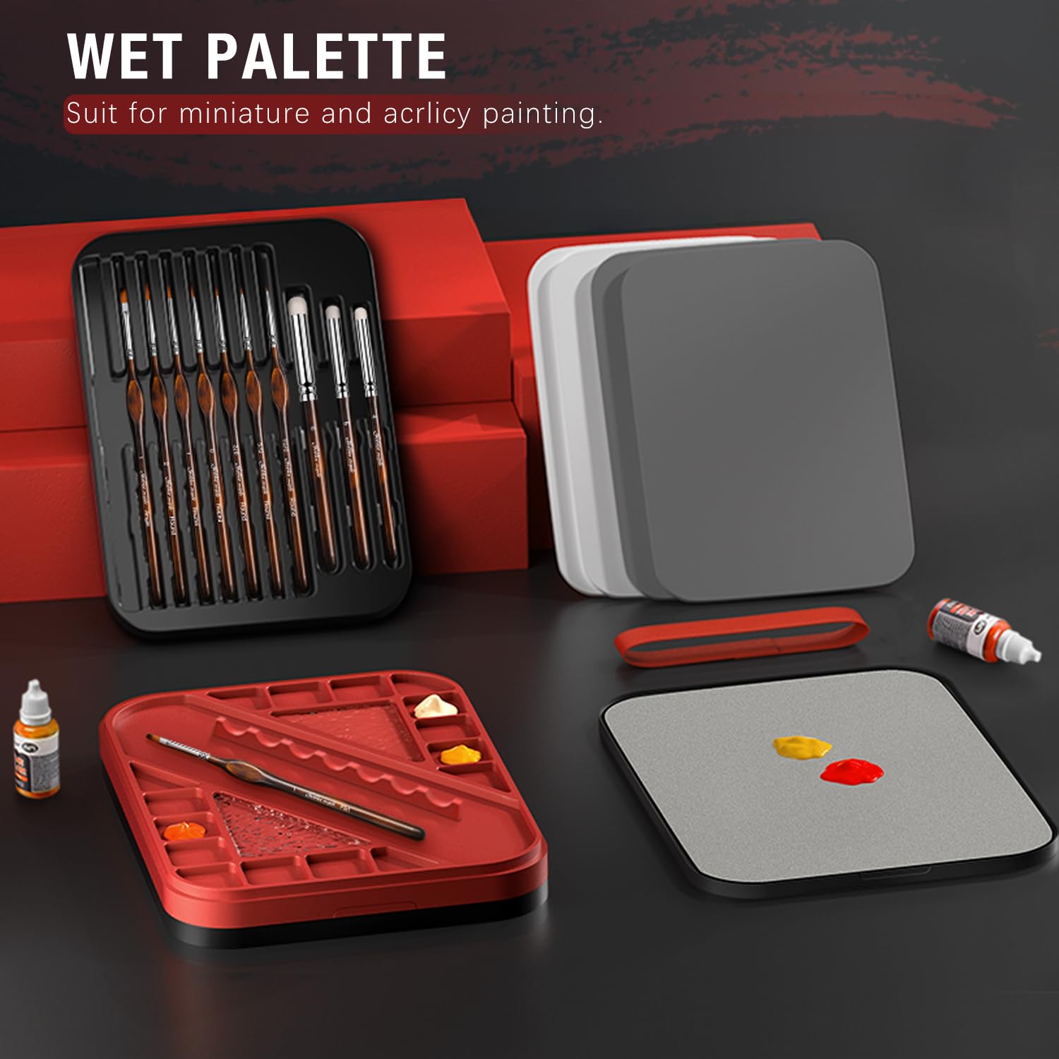 Pallet bagnati per dipingere miniature, tavolozza Stay Wet per kit di pittura acrilica con 11 pennelli in miniatura, 100 fogli di carta per pallet, 4 spugne, 1 portaspazzole, 1 vassoio in spugna