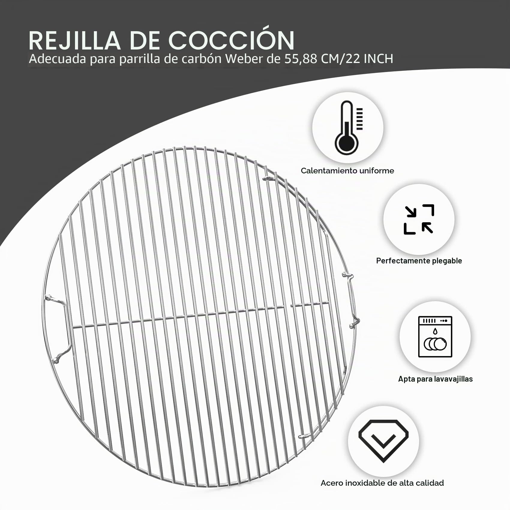 onlyfire Parrilla de Acero Inoxidable,Rejilla para Barbacoa con Apertura de un Solo Lado con Asa Desmontable,para Parrilla de Carbón Weber 57 cm