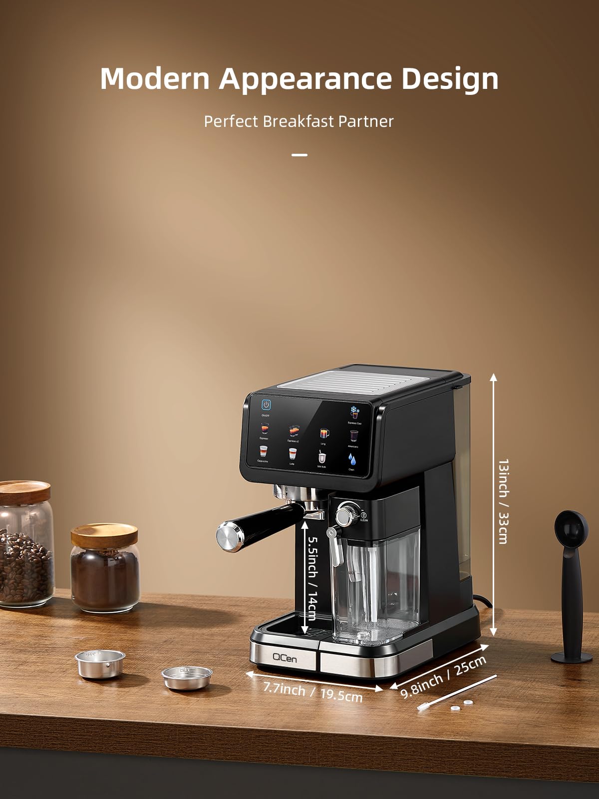 QCen Siebträgermaschine 20 Bar, 9-in-1 Espressomaschine mit Milchtank | 20 Bar Siebträgermaschine aus Edelstahl mit abnehmbarem Milchtank. 9 Automatikprogramme für Espresso, Cappuccino und Latte.