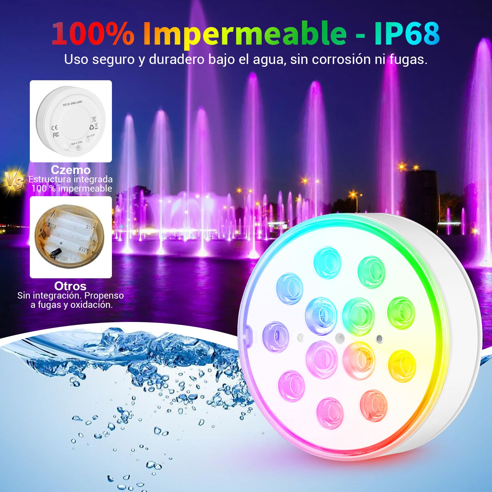 Czemo Luz subacuática recargable LED para piscina con imán, luz de piscina con mando a distancia, IP68, resistente al agua, para piscina, estanque, acuario, iluminación (multicolor, 4 unidades)