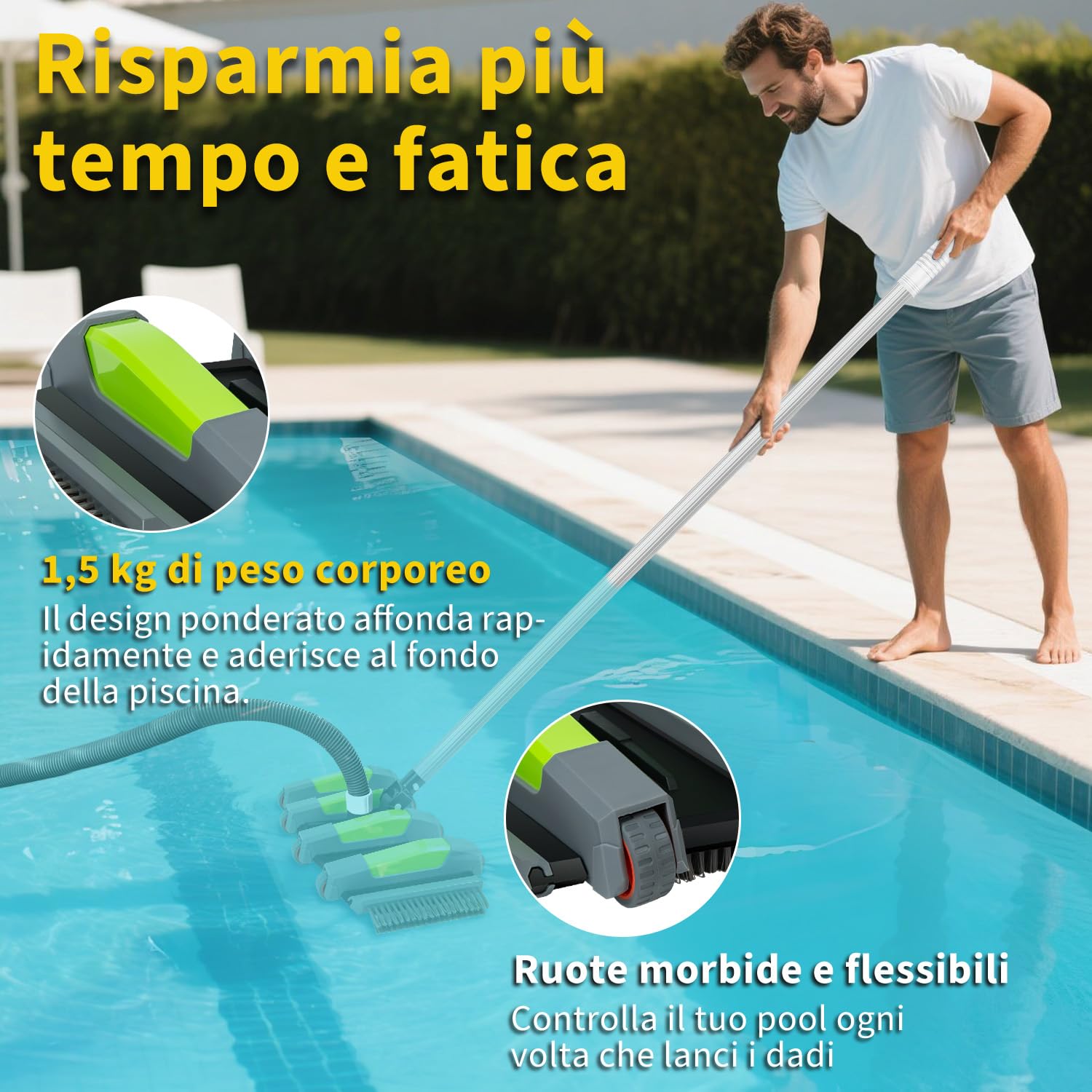 Spazzola Aspirafango Piscina 45 cm con Ruote, Spazzola Aspiratore Piscina con Attacco Aspirazione, Spazzola Fondo Piscina Flessibile con Spazzole Laterali, Compatibile con Tubi 3.2 cm e 3.8 cm