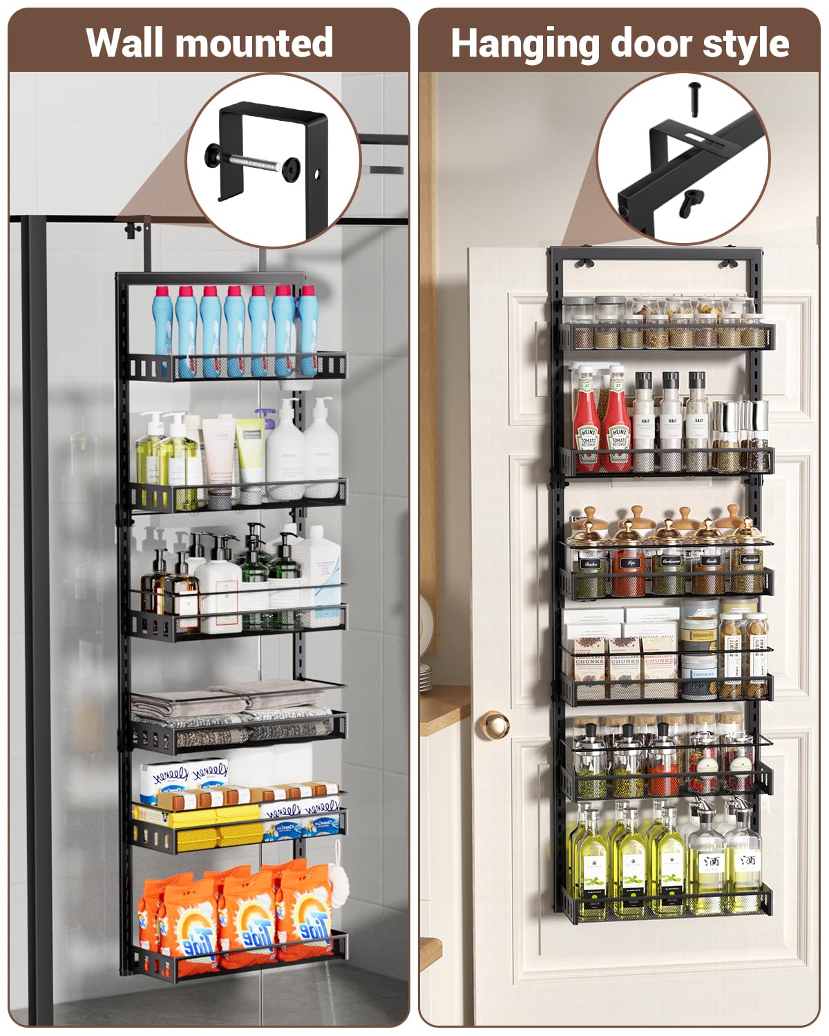 Étagère à Epices, Rangement Epices Cuisine Réglable à 6 Niveaux Au-dessus de la Porte, Garde-manger avec Crochet pour Etagère à Epices, Etagere a Epices en Métal pour Epices, 127,5*43,5 cm, Noir