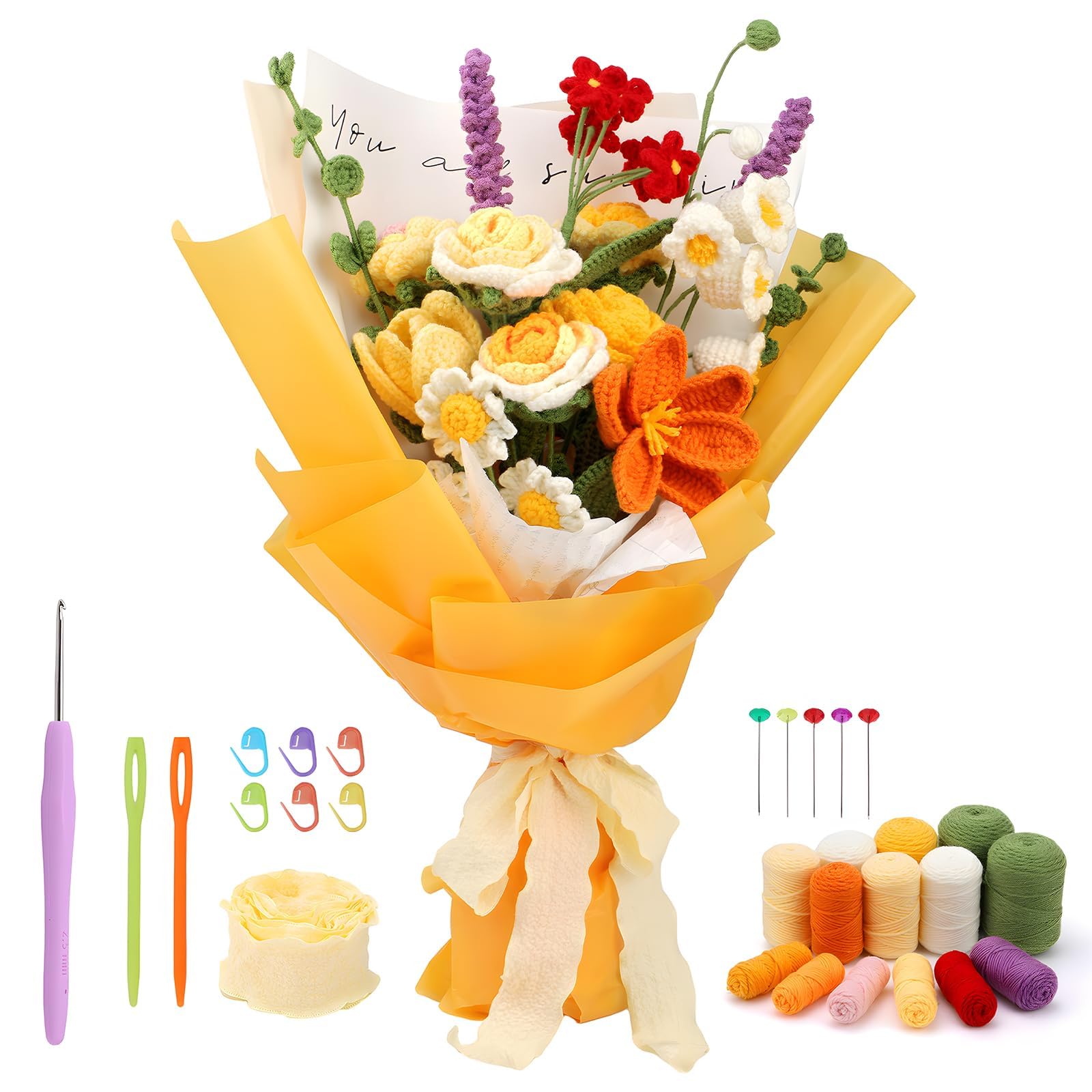 BIGTHREE Beginner Crochet Kit, Crochet Flowers Kit, Beginner Crochet Kit with Yellow and Orange Roses, Complete Crochet Starter Kit with Step-by-Step Video Tutorials, Perfect DIY Craft Creation Tools