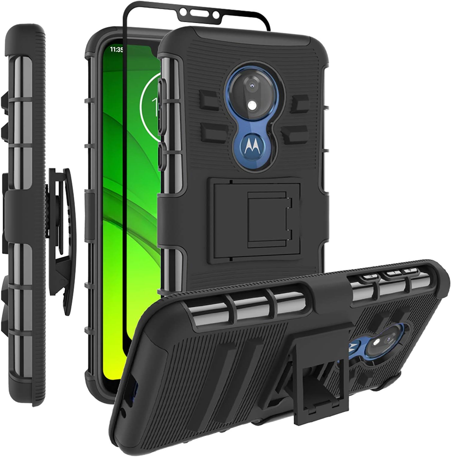 Moto G7 Power Case, Moto G7 Supra Case, ChangeJ Case with Tempered Glass Screen Protector Holster Belt Clip Amor Case for Motorola Moto G7 Power/Supra - Black