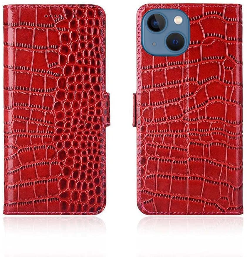 Coque iPhone 13 Mini cuir véritable rouge à motif crocodile et clapet magnétique