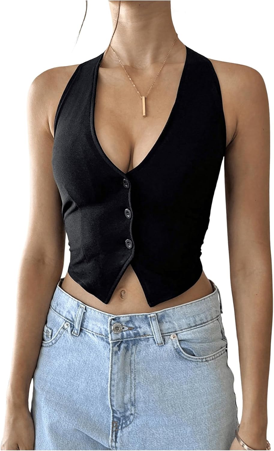 GORGLITTER Women's Fashion Cropped Vest Tops Sexy Backless Halter Tops Going Out Button Down Tank Tops
