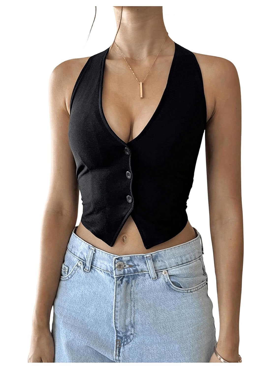 GORGLITTER Womens Fashion Cropped Vest Tops Sexy Backless Halter Tops Going Out Button Down Tank Tops
