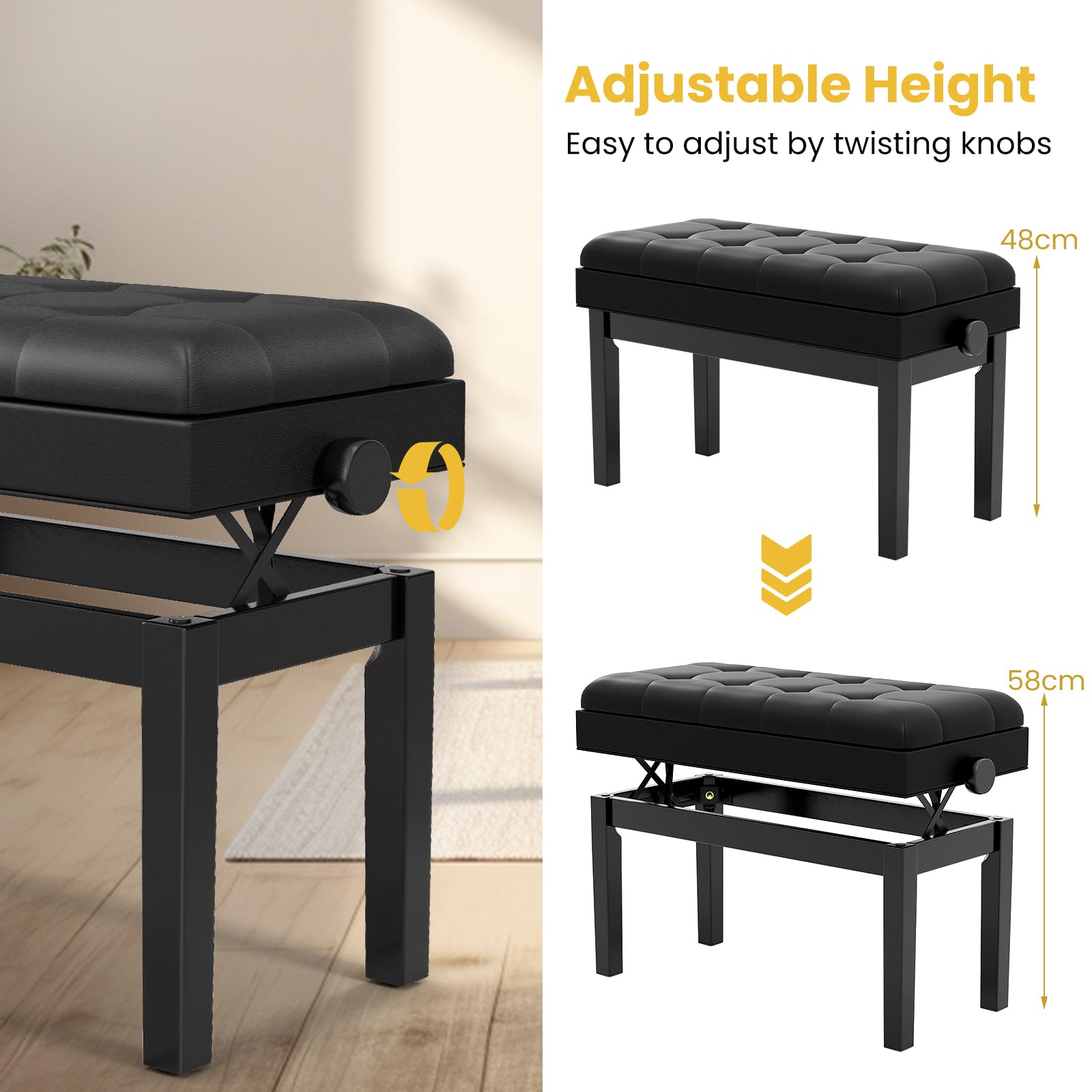 HOMASIS Sgabello Pianoforte Regolabile in Altezza, Panca Pianoforte con Contenitore Nascosto, Struttura in Metallo/Gambe in Legno/Seduta in Pelle Artificiale, Sgabello Imbottito per Musicista, Nero