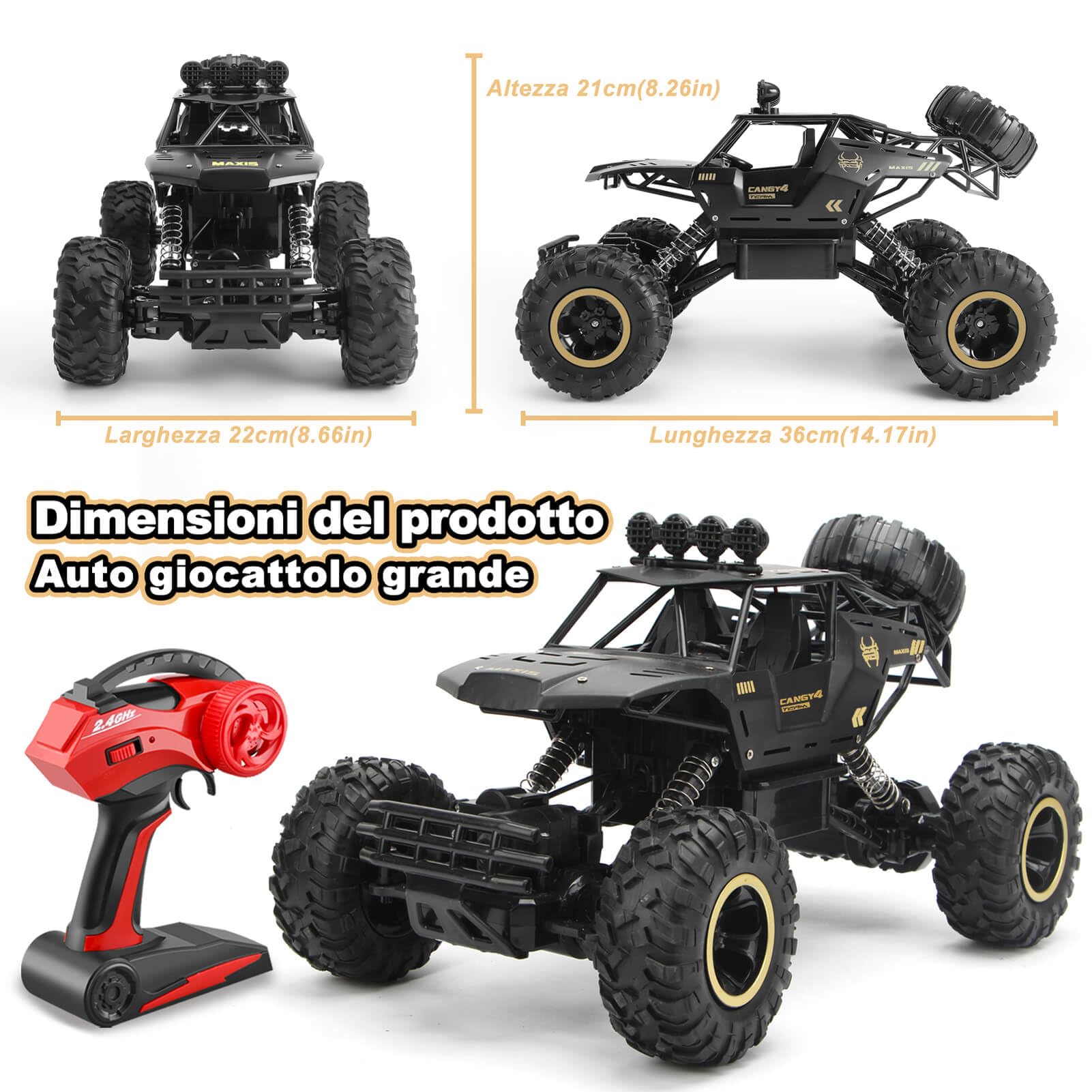 Jiakora 1:12 Grande Macchina Telecomandata, 2.4GHz RC Car Giocattolo Off-road, Auto Telecomandata 4x4 Con Luci LED, Monster Truck, 2 Batterie, Macchina Telecomandata Per Bambini Regalo Bambino Maschio
