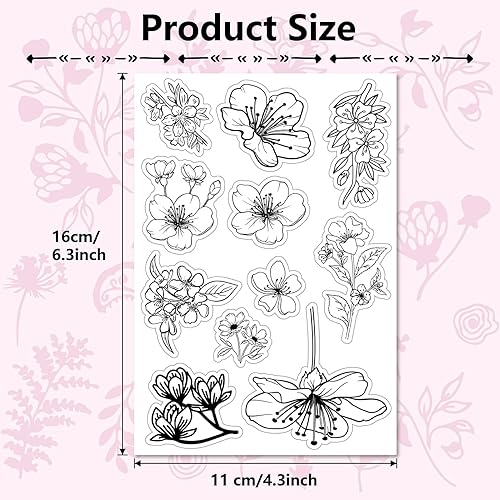 Miniatura 2 de CRASPIRE Sello de goma transparente con diseño de flores de cerezo y plantas retro, sello de silicona transparente Sakura para hacer diarios,