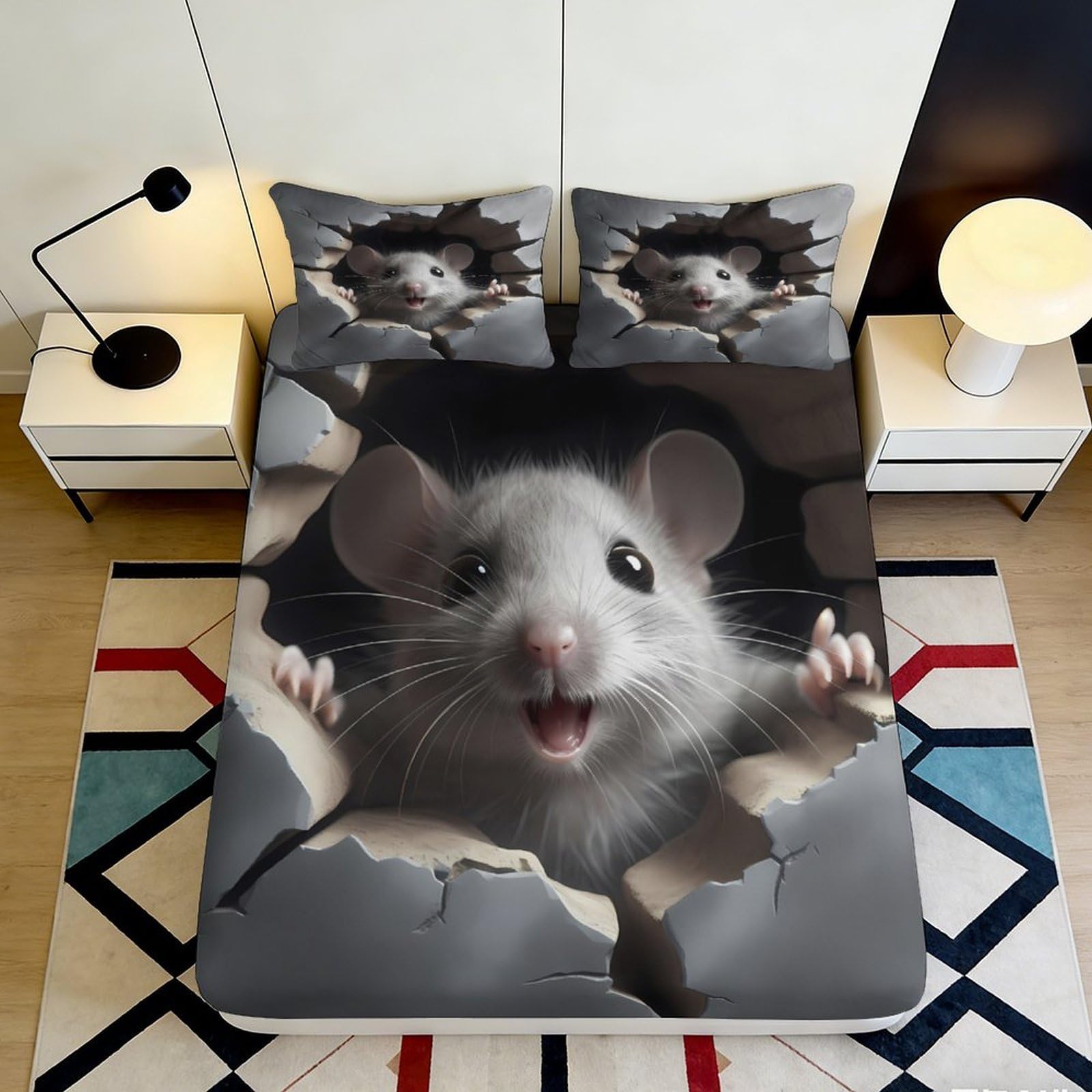 Uynsixtme Style-7 3D Printed Cute Mouse Fitted Sheet Microfiber Deep Pocket Non-Slip Bedroom Bedding Cartoon Mouse Mattress Fitted Cover Washable 140X200x25cm