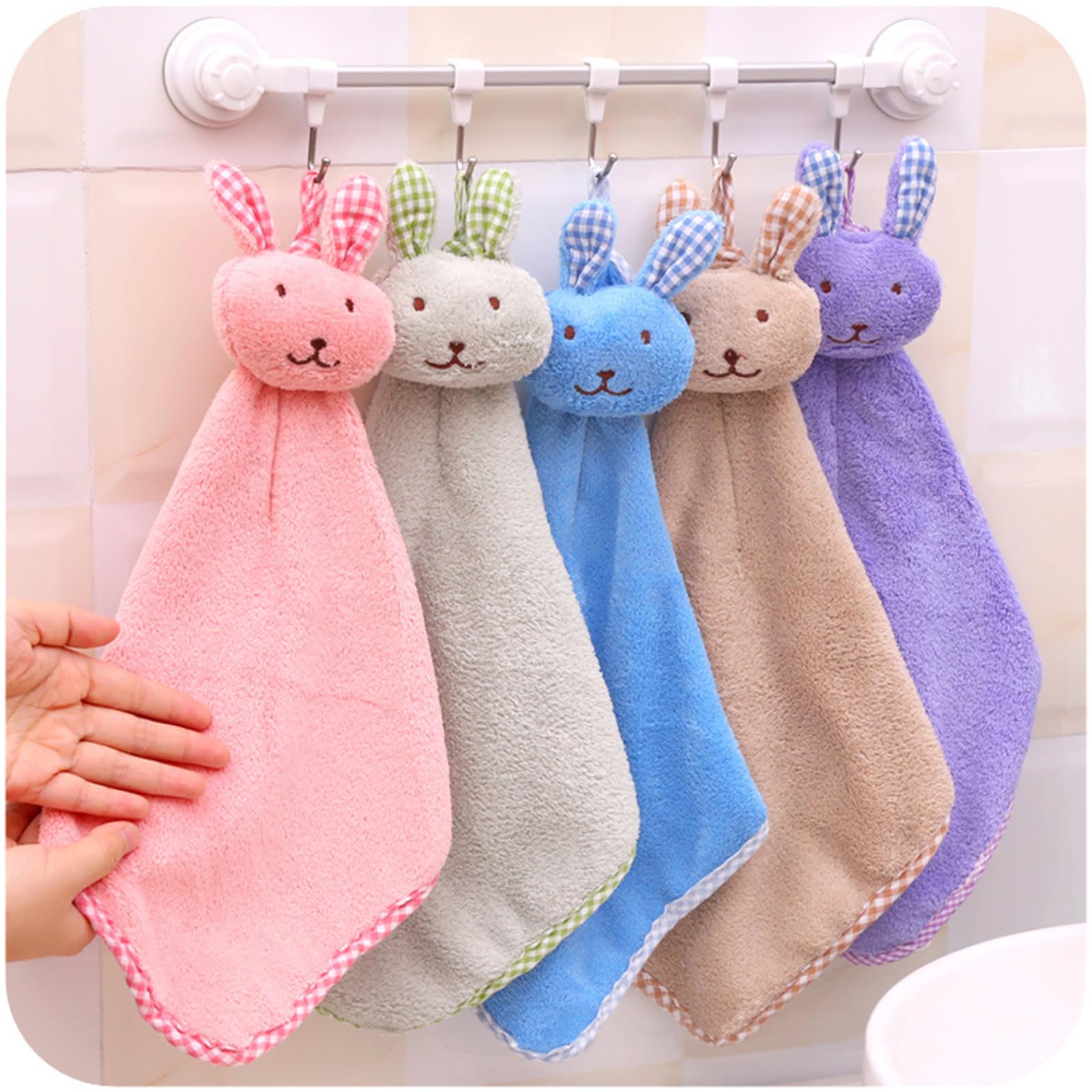 5 Asciugamani Bambini Microfibra - Coniglio Carino, Super Assorbenti, Con Anello Per Appendere - Foto 12