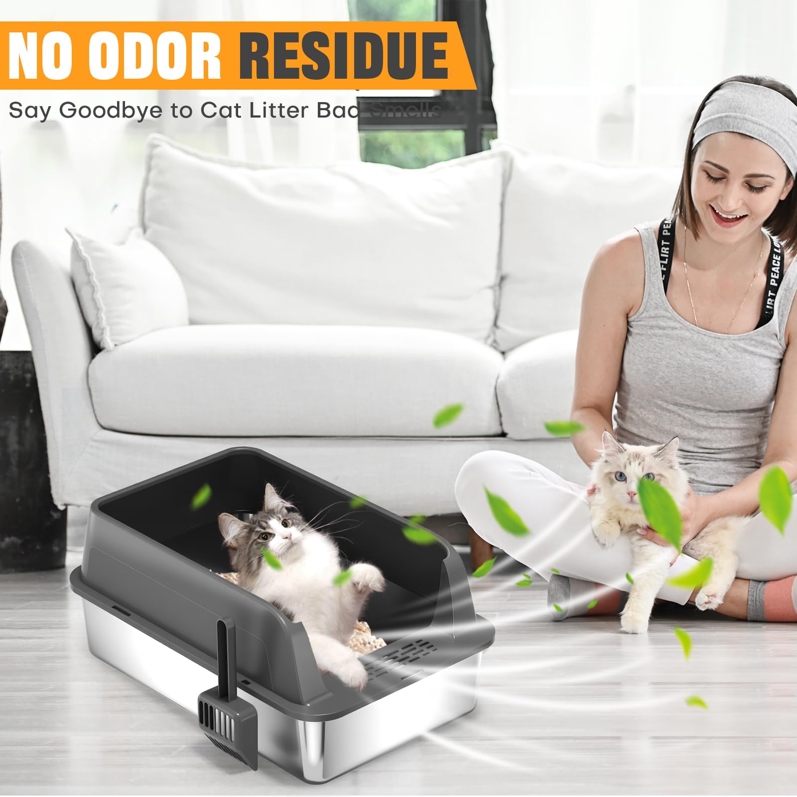 Homegroove Juego de 2 cajas de arena para gatos de acero inoxidable, 58 x 38 x 28 cm, XL, metal, para gatos grandes, con tapa y borde alto, incluye pala, fácil de limpiar (gris oscuro)