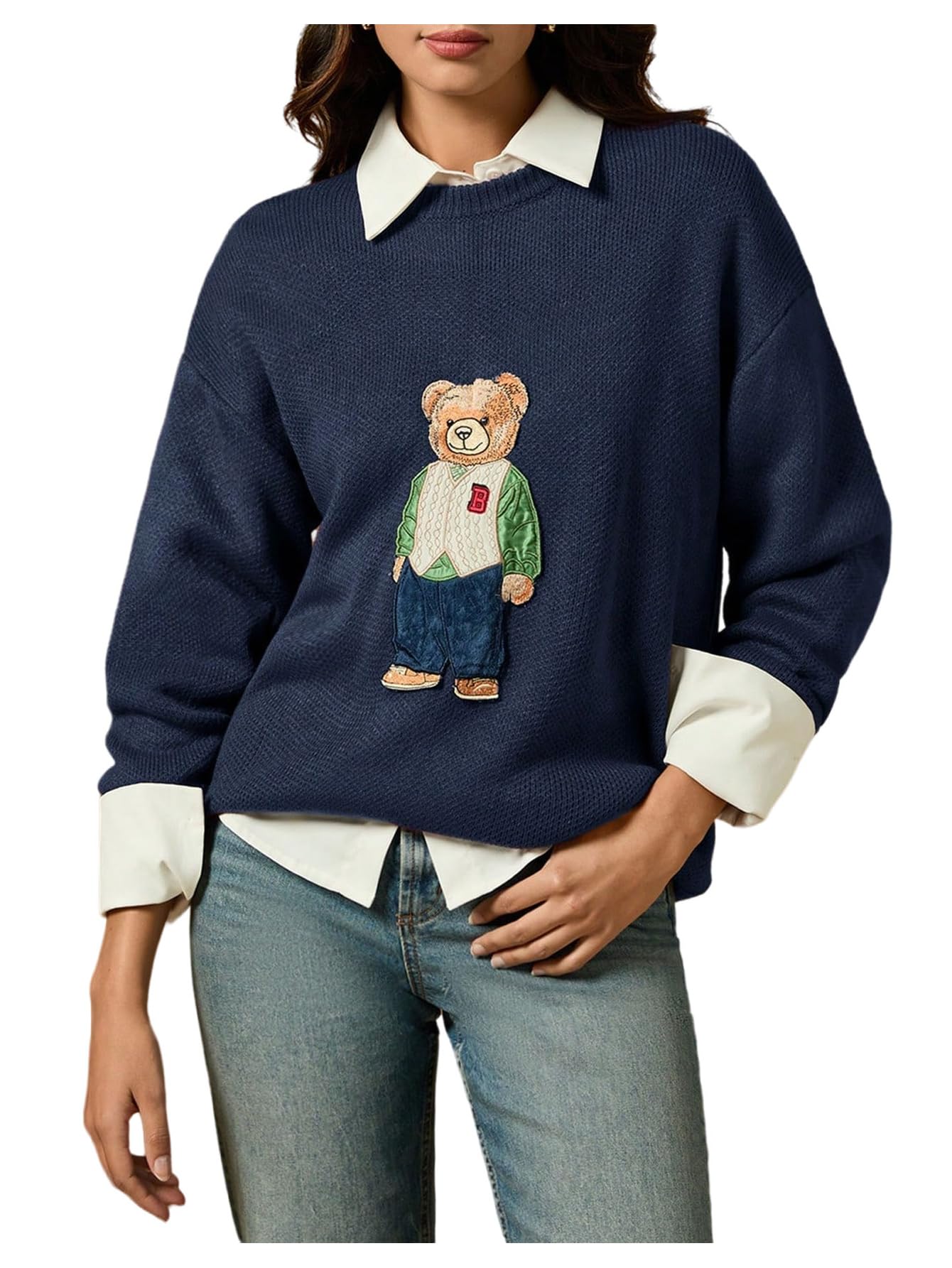 Women's Bear Sweaters Crew Neck Long Sleeve Preppy Pullovers