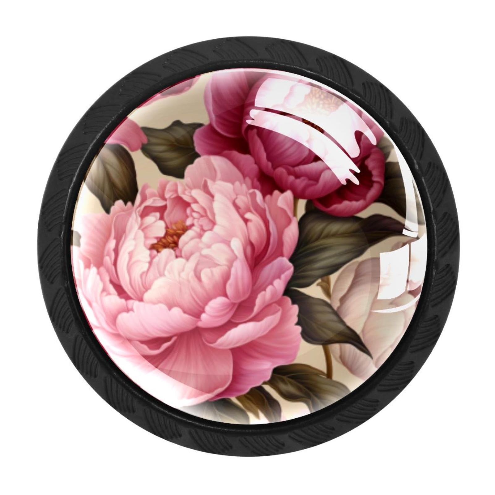 CHENZZZZ 4 Pack Drawer Knobs, Black Handle Dresser Drawer Pulls, Round Decoration Cabinet Hardware Pulls with Screws for Kitchen Cupboard Wardrobe, Peony