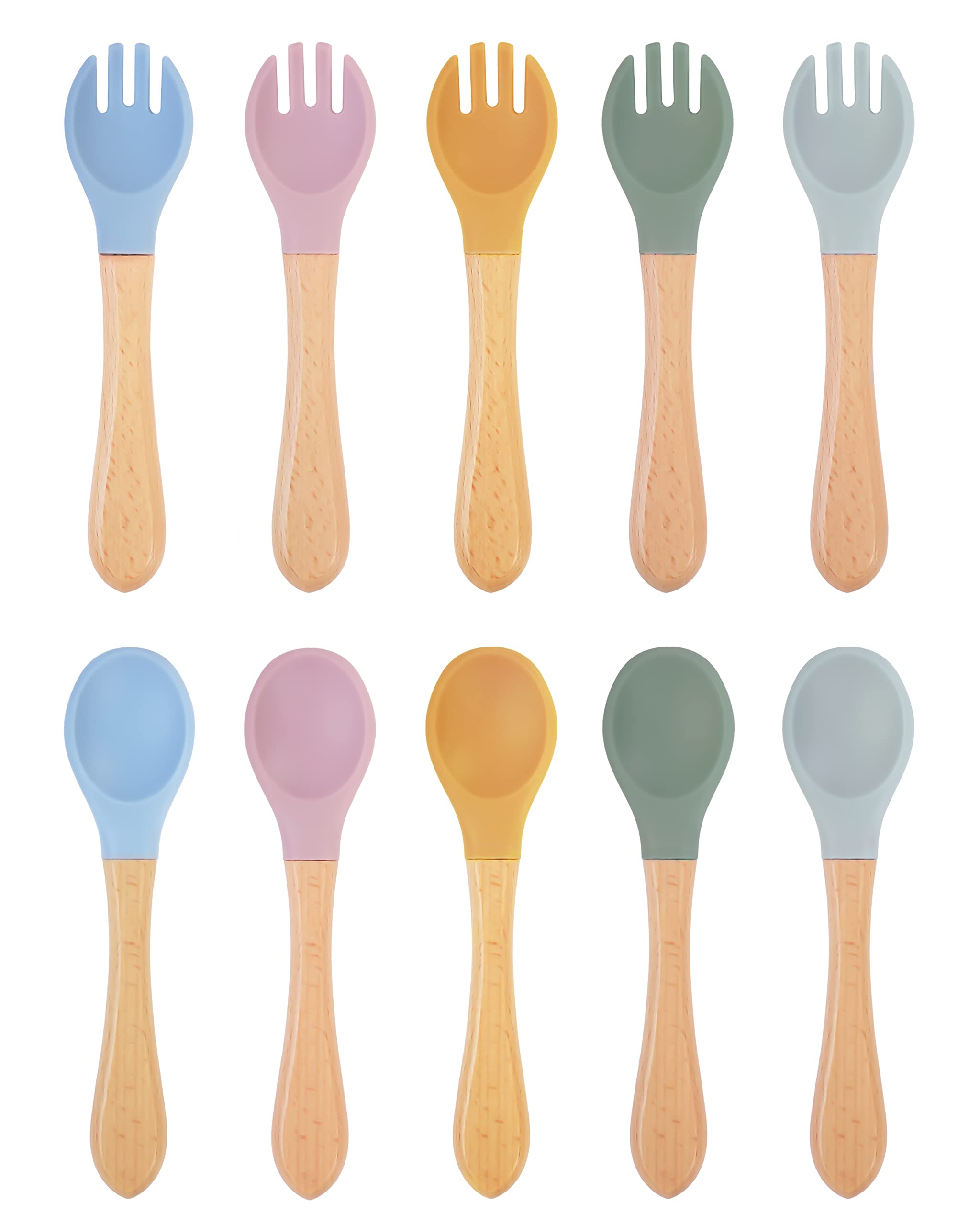 10pcs Bamboo & Silicone Baby Spoons & Forks - First Stage Baby Led Weaning, Chewable Utensils for Self-Feeding, Over 6 Months