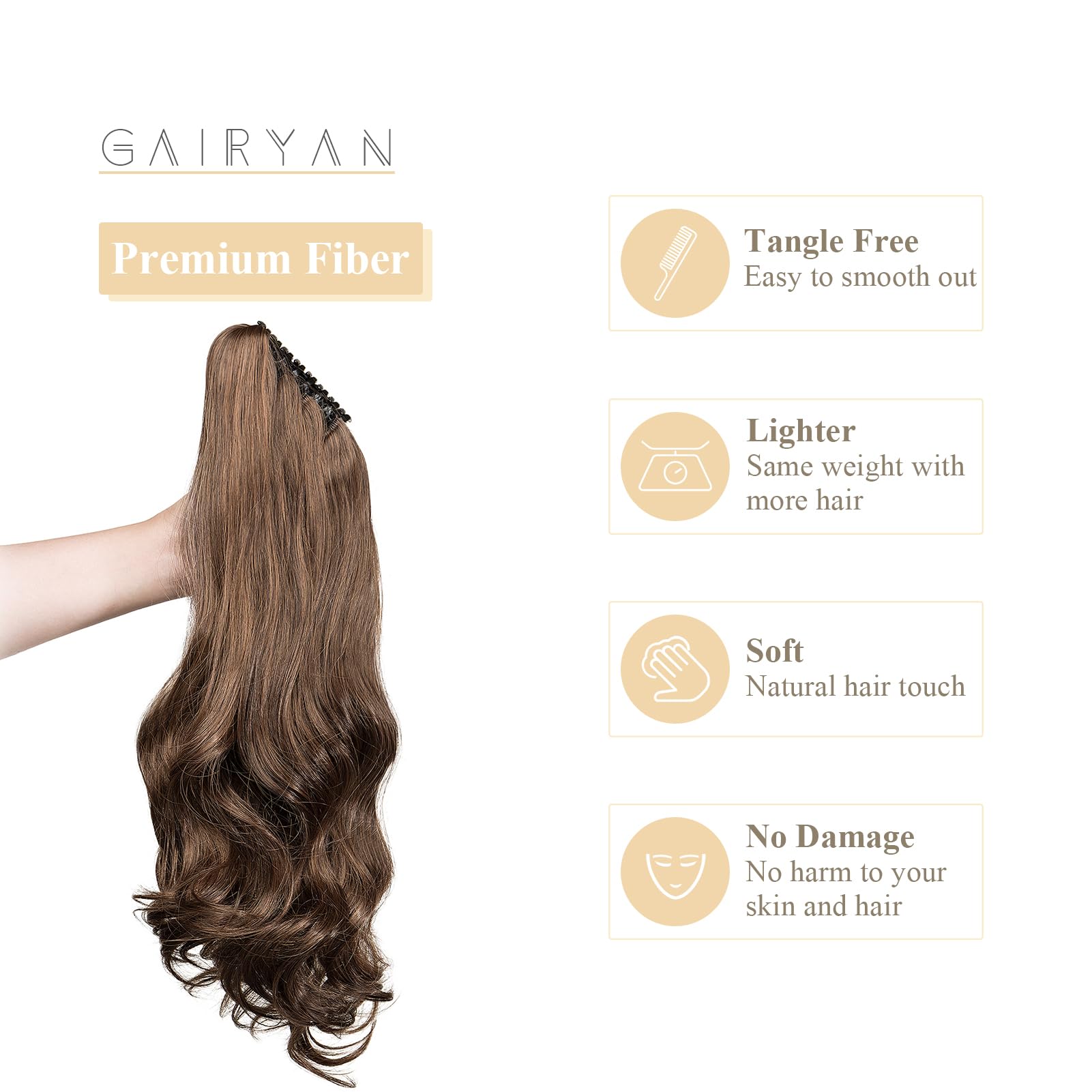 Gairyan 20inch Ponytail Extension Clip in Ponytail Hair Extensions Curly Wavy Pony Tails Claw on Ponytail Long Wave Synthetic Hairpieces for Women Soft Real Look (Dark Brown & Light Auburn) - Image 3