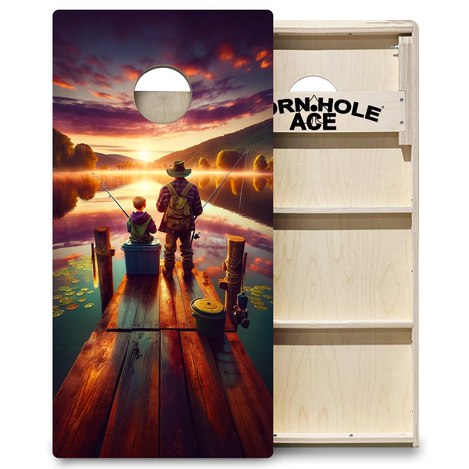 CornholeAce PRO Father and Son Fishing at Sunrise | Professional Cornhole Board Set, No Bounce! Triple Wide Legs, 3/4in Baltic Birch Plywood, Regulation Size, Tournament Style, American Official
