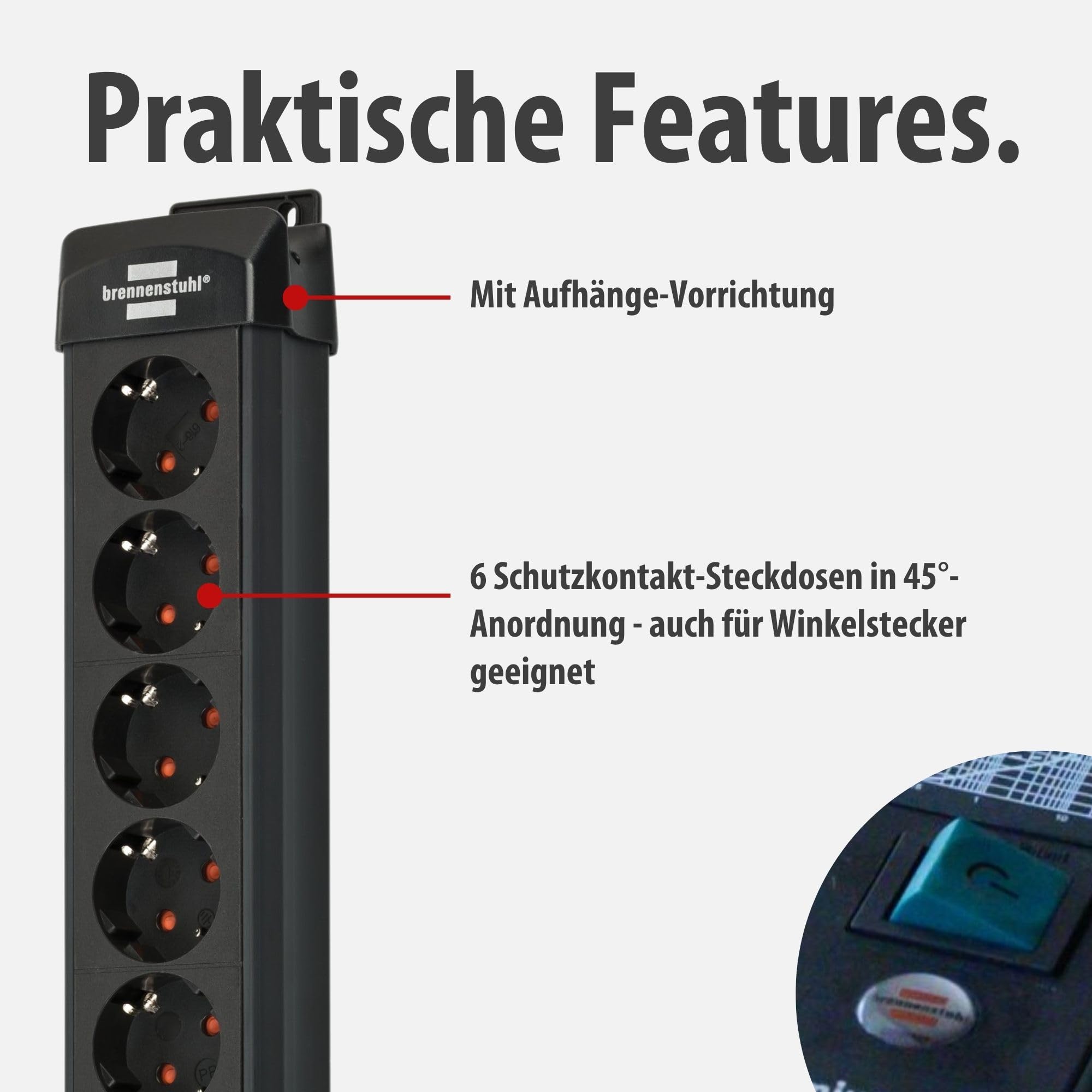 Brennenstuhl Premium-Line Steckdosenleiste 6-Fach mit Überspannungsschutz | Bis zu 60.000 A, Mehrfachsteckdose mit Schalter und 5m Kabel, Steckdosenleiste Wandmontage, Made in Germany, schwarz