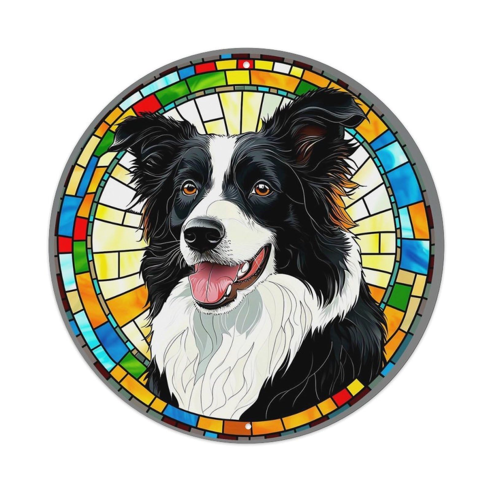Stained Glass Border Collie Portrait Vintage Metal Tin Sign Retro Wall Decor for Home Bar Garage Cafe, Indoor & Outdoor Decorative，circle Metal Poster, 8x8 Inch