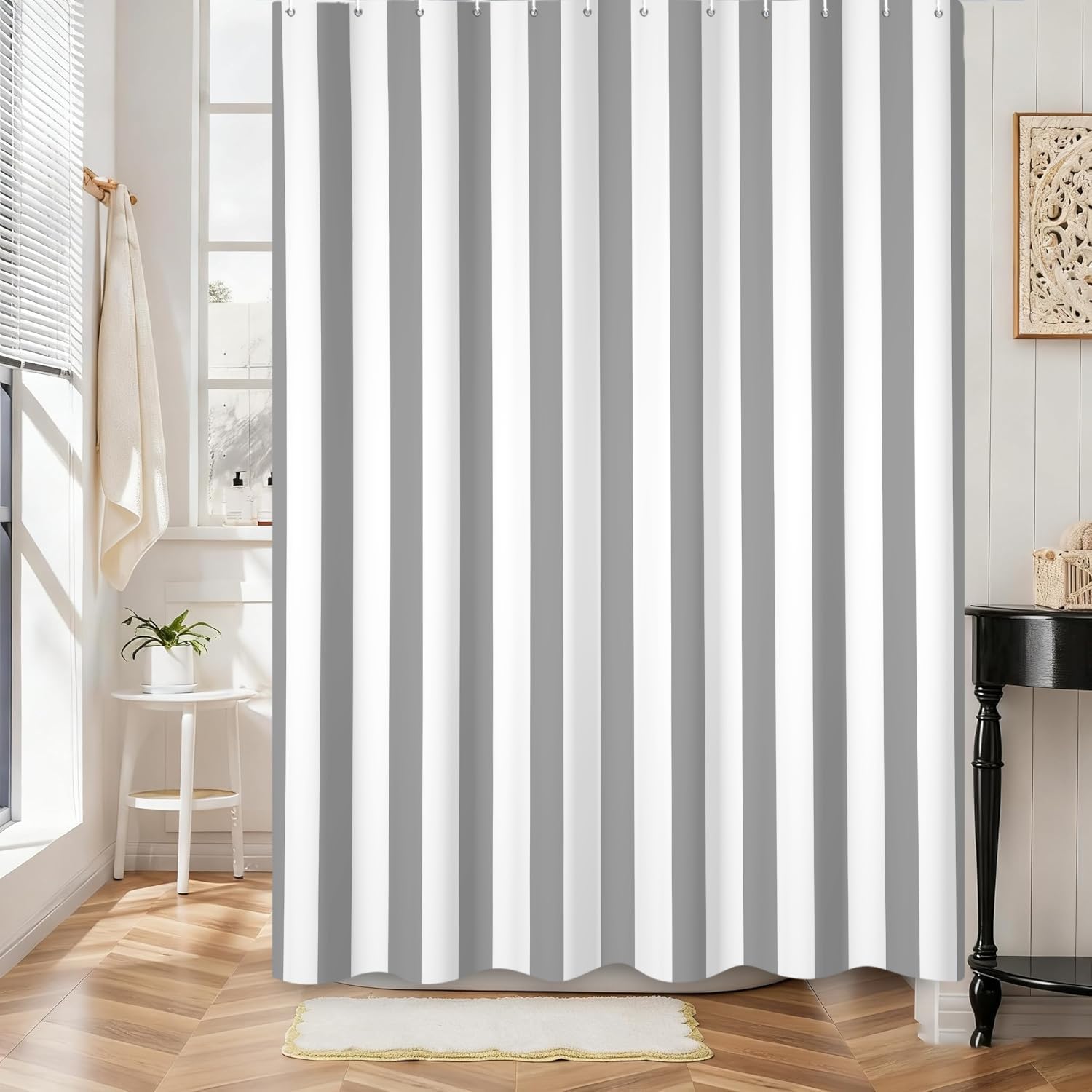 Hnmdmyi Vertical Striped Shower Curtain 150x180, Grey and White Stripe Vintage Bathroom Curtains Modern Abstract Minimalist Waterproof Polyester Fabric Washable Bath Curtains with Hooks