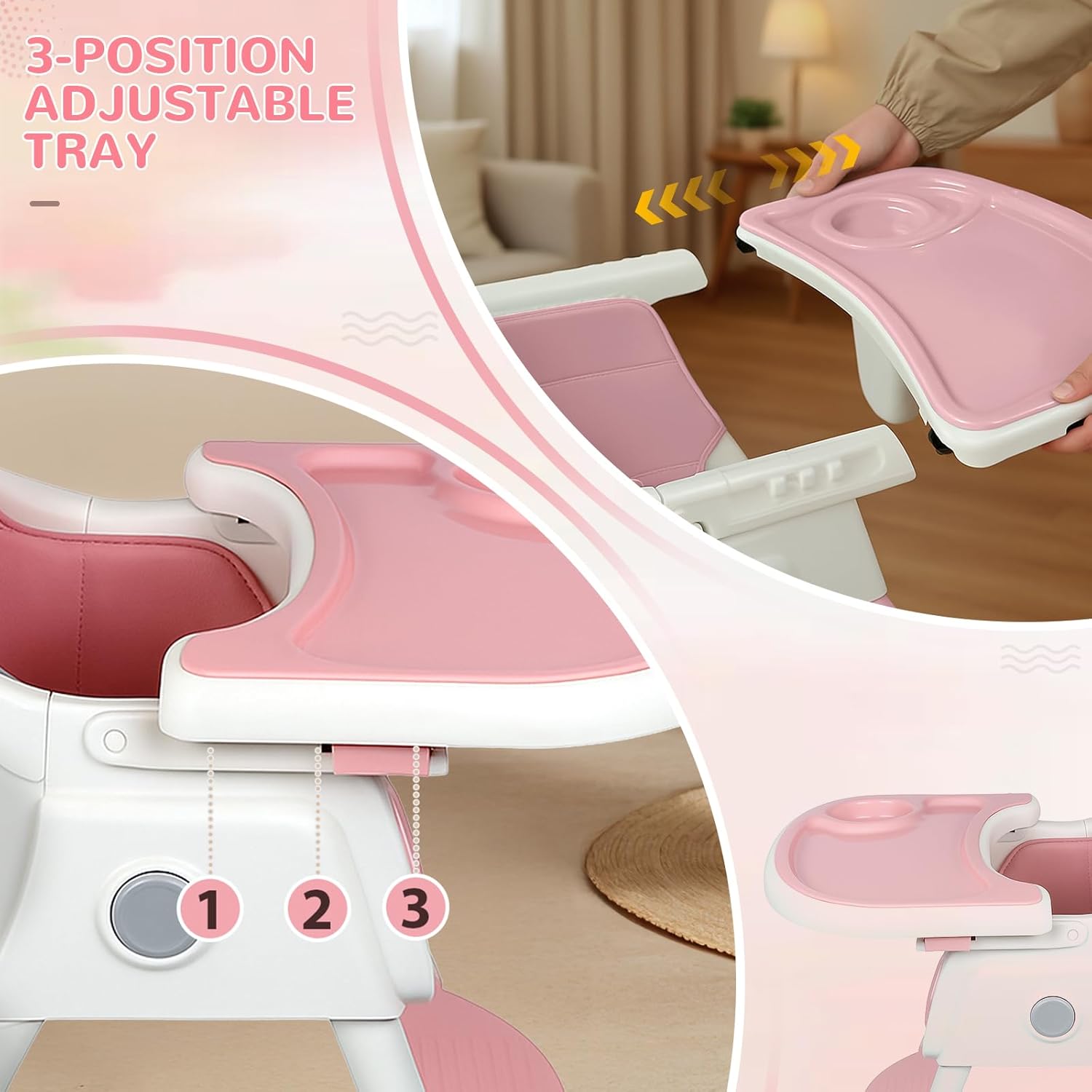 Image showing the high chair with a baby, highlighting the removable double tray for eating and playing, non-slip footrest, 5-point safety belts, and an anti-slide protection bar.