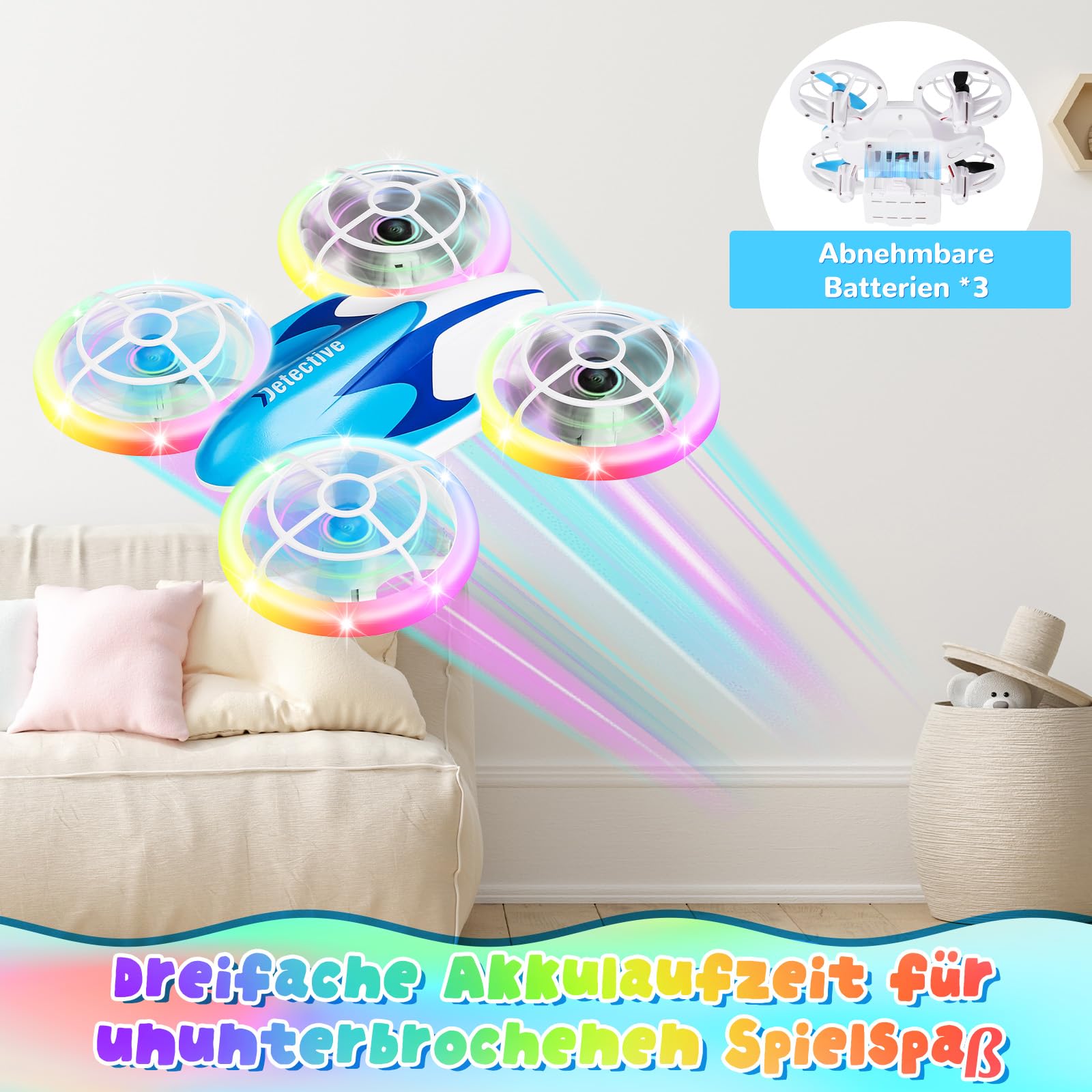 Skeufy Mini Drohne für Kinder, Kinder drohne Spielzeug ab 6+ Jahre, Drone Quadrocopter mit LED Lichter, 3D Drehung, Kopflosem Modus und 3 Akkus, Weihnachten Geburtstags
