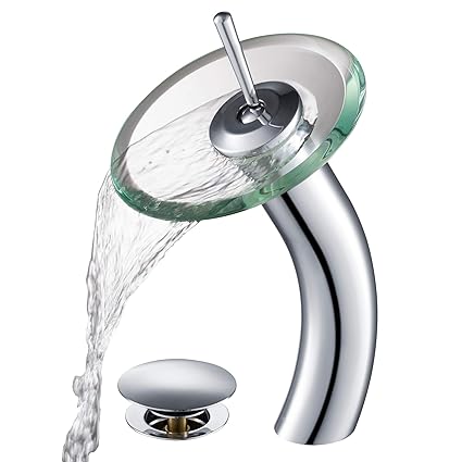 Kraus KGW-1700-PU-10CH-CL Single Lever Vessel Glass Waterfall Bathroom Faucet Chrome with Clear Glass Disk and Matching Pop Up Drain