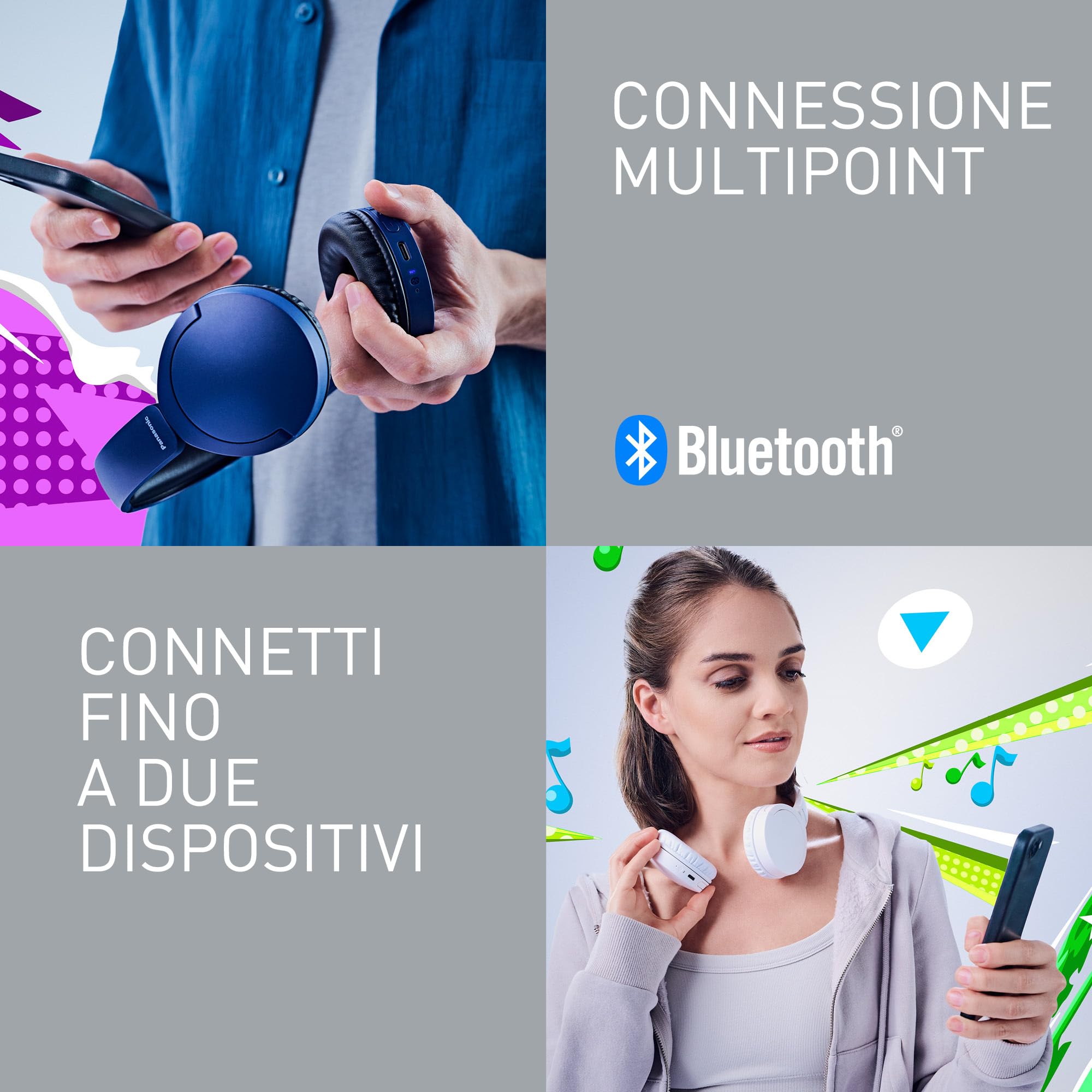 Panasonic HF630B Cuffie Bluetooth Wireless On Ear, 72 ore di autonomia | Microfono Environmental Noise Cancellation (ENC), Bluetooth 5.3, Multipoint, XBS Extra Bass, ricarica rapida USB-C, Blu