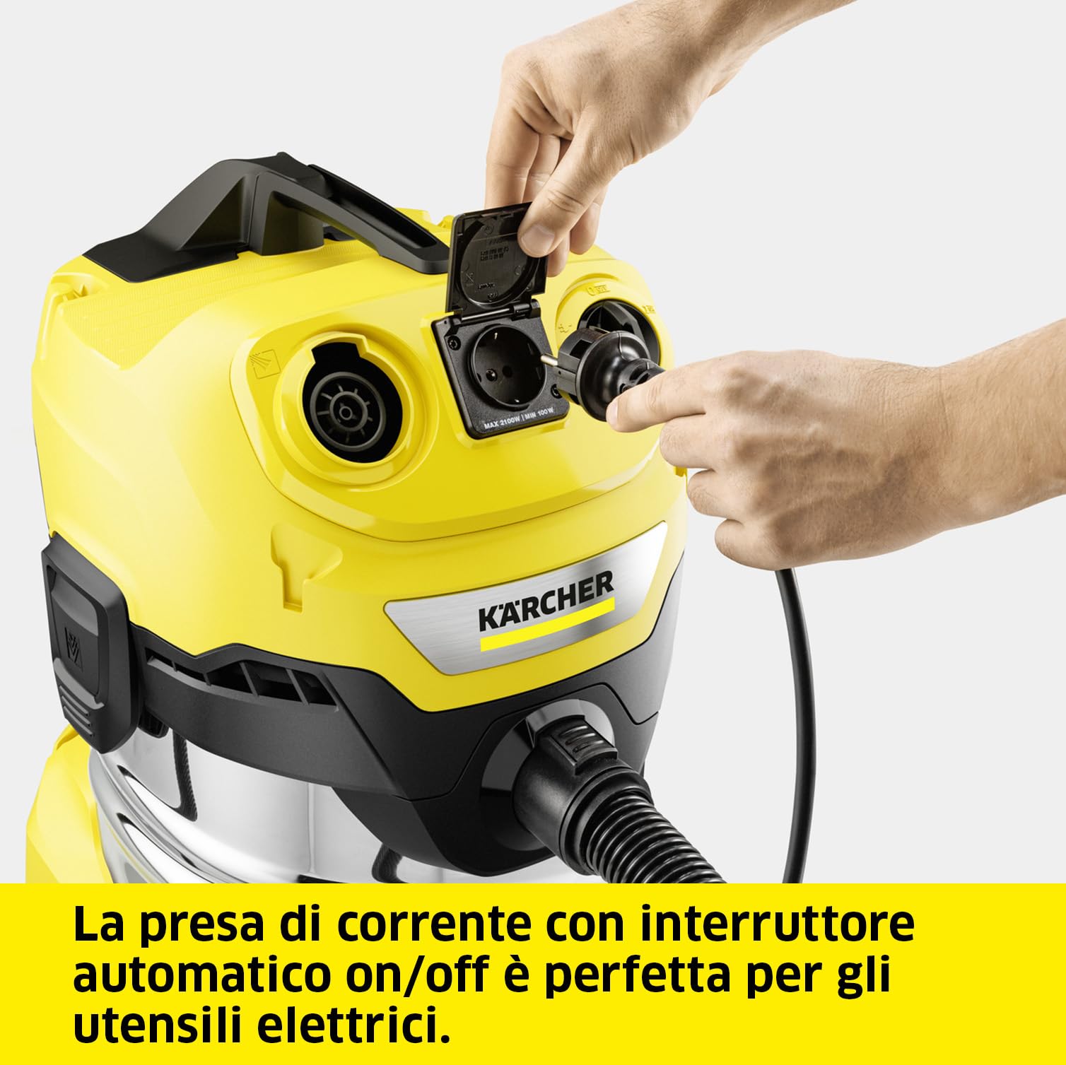 KÄRCHER aspiratore solidi liquidi WD 4 P S V-20/5/22, 1000 W con presa elettroutensile, contenitore in acciaio inox: 20 l, tubo di aspirazione: 2,2 m, funzione soffiante, filtro in vello