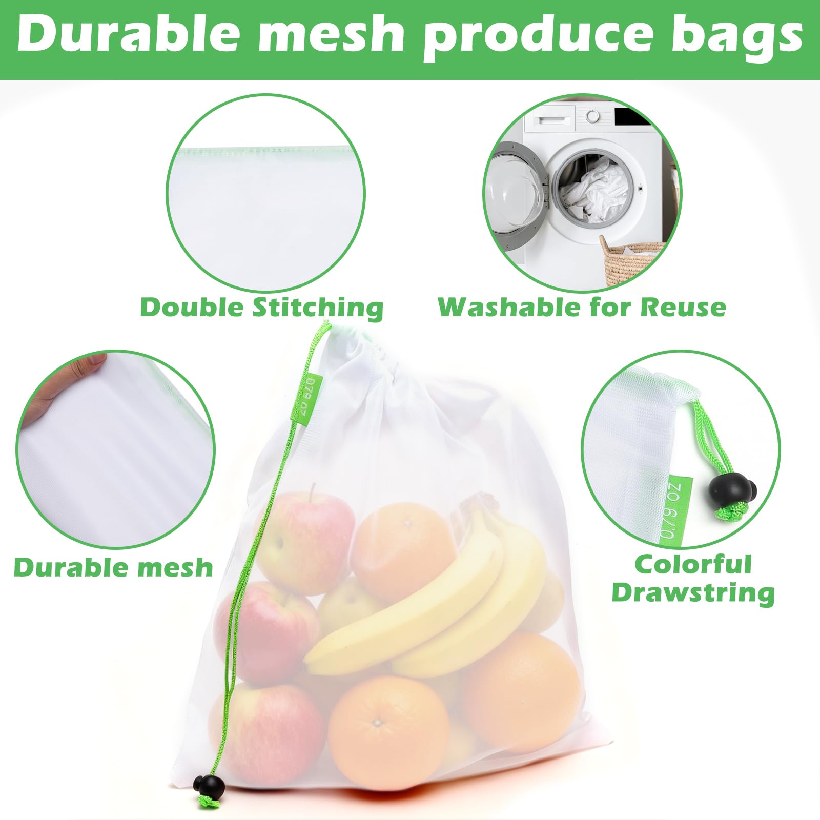 Sacs de Rangement réutilisables en Filet pour Fruits et Légumes avec Cordon de Serrage, 3 Tailles
