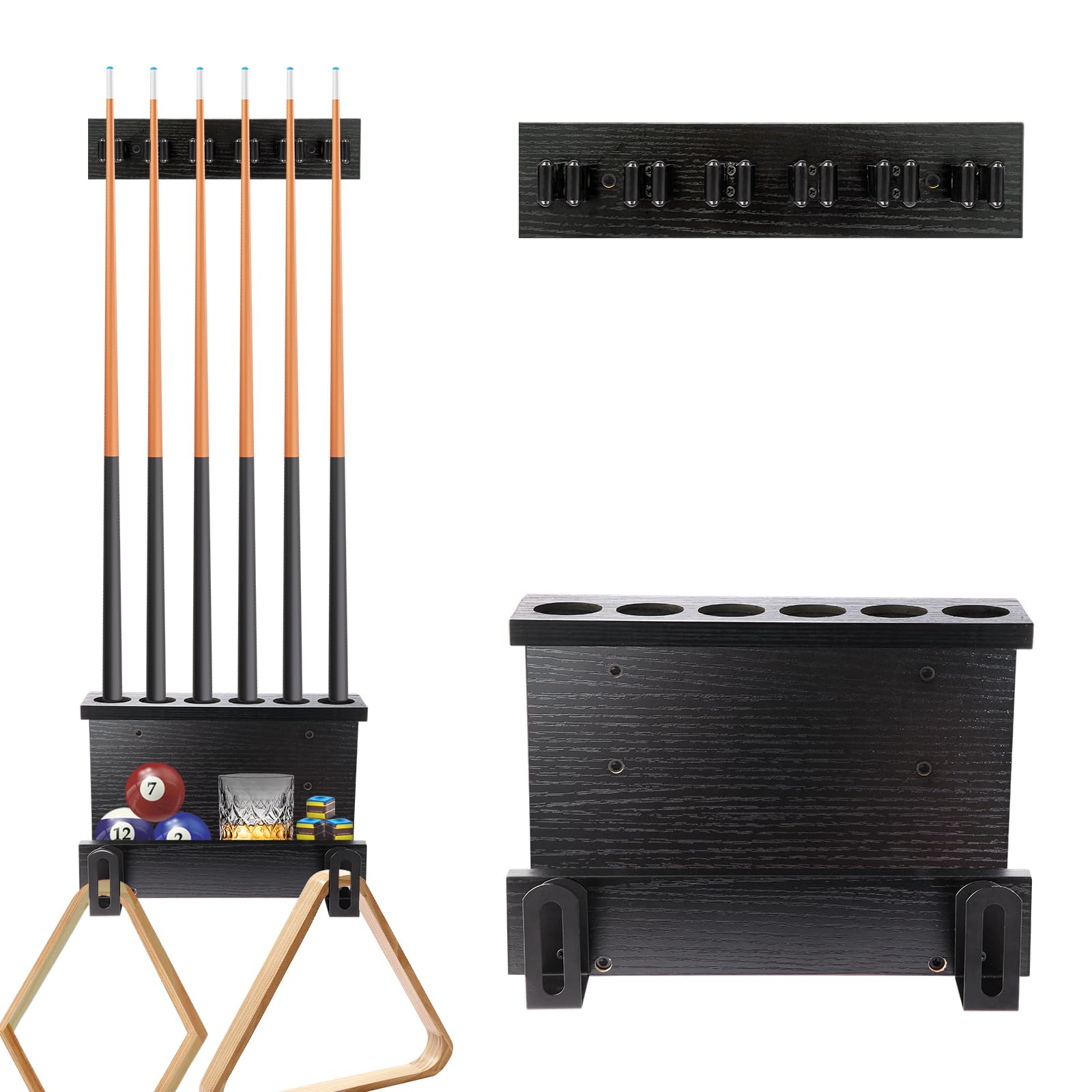 Pool Stick Holder Wall Mount, Pool Cue Set Holder for 6 Cues Sticks Storage Pool Table Accessories Equipment Organizer, Cue Rack Billiards Accessories for Game Room Bars Clubs Billiard Players, Black