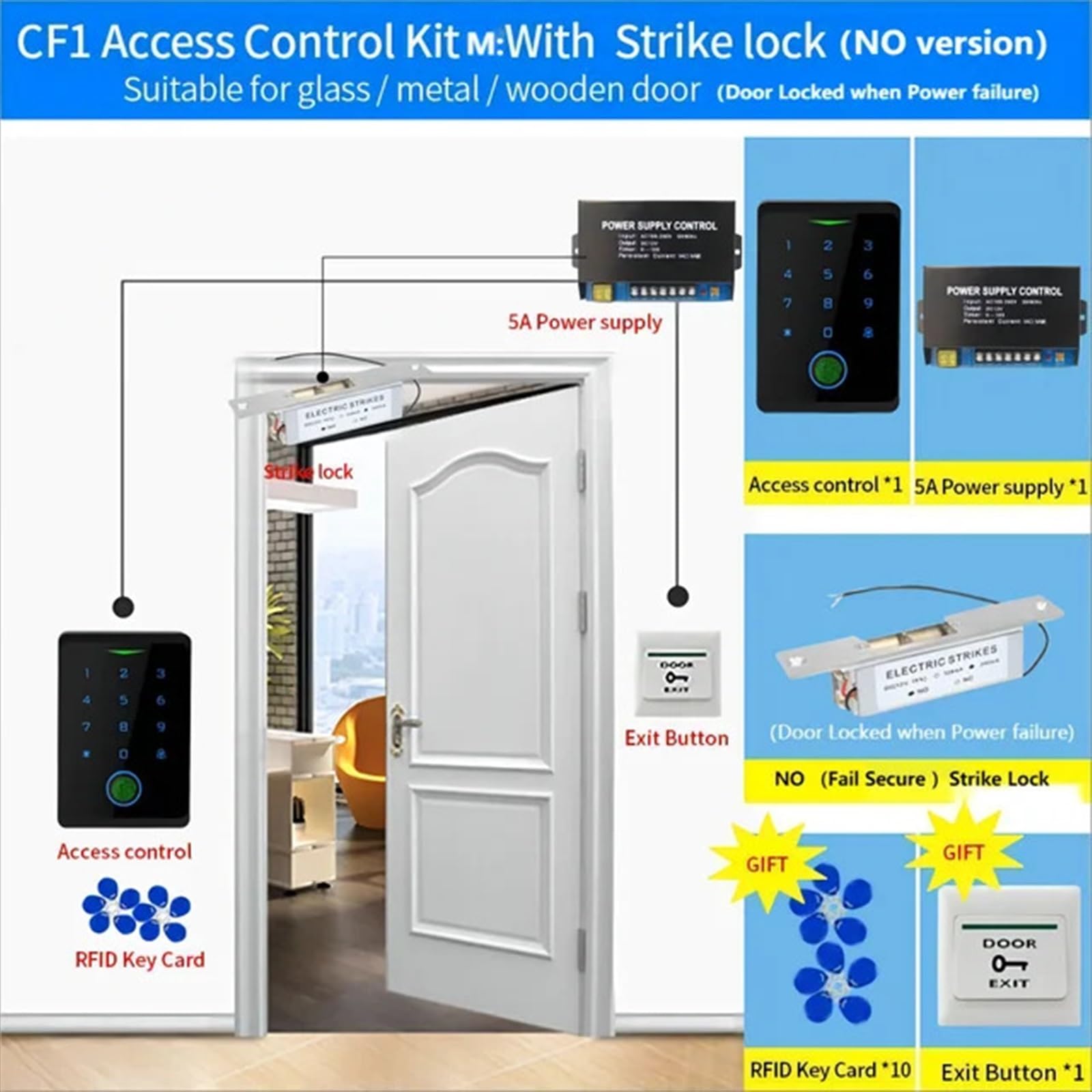 Kits de de Control de Acceso de Huellas Dactilares biométricos, Kit de Cerradura de Puerta Inteligente, abridor de Puerta electrónico, Juego de Puerta electromagnética(Kit-M NO Strike Lock)