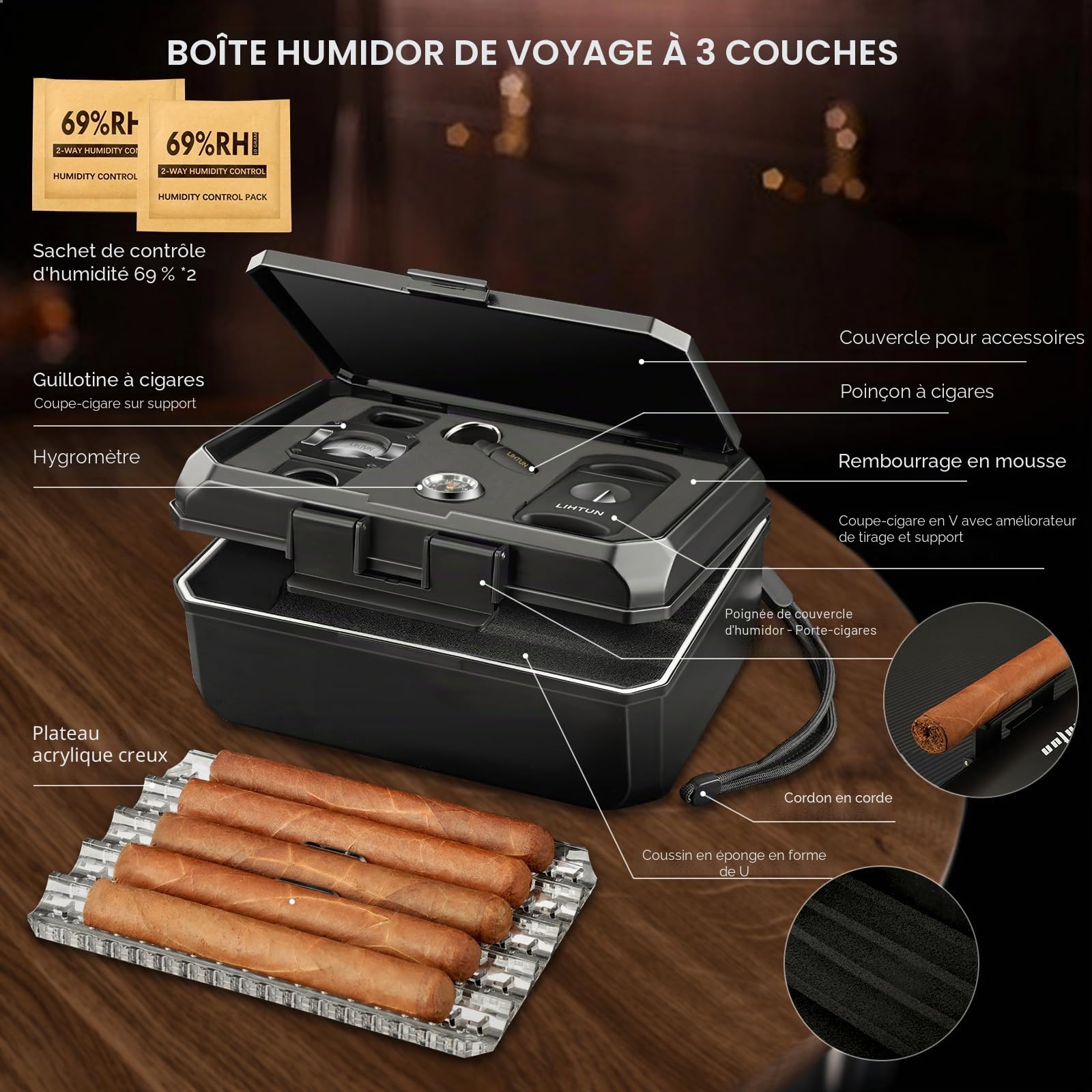 LIHTUN Ensemble d'accessoires pour cigares et cave à cigares de voyage avec 2 coupe-cigares, 1 perforateur à cigares, hygromètre, triple cave à cigares, excellent cadeau pour homme