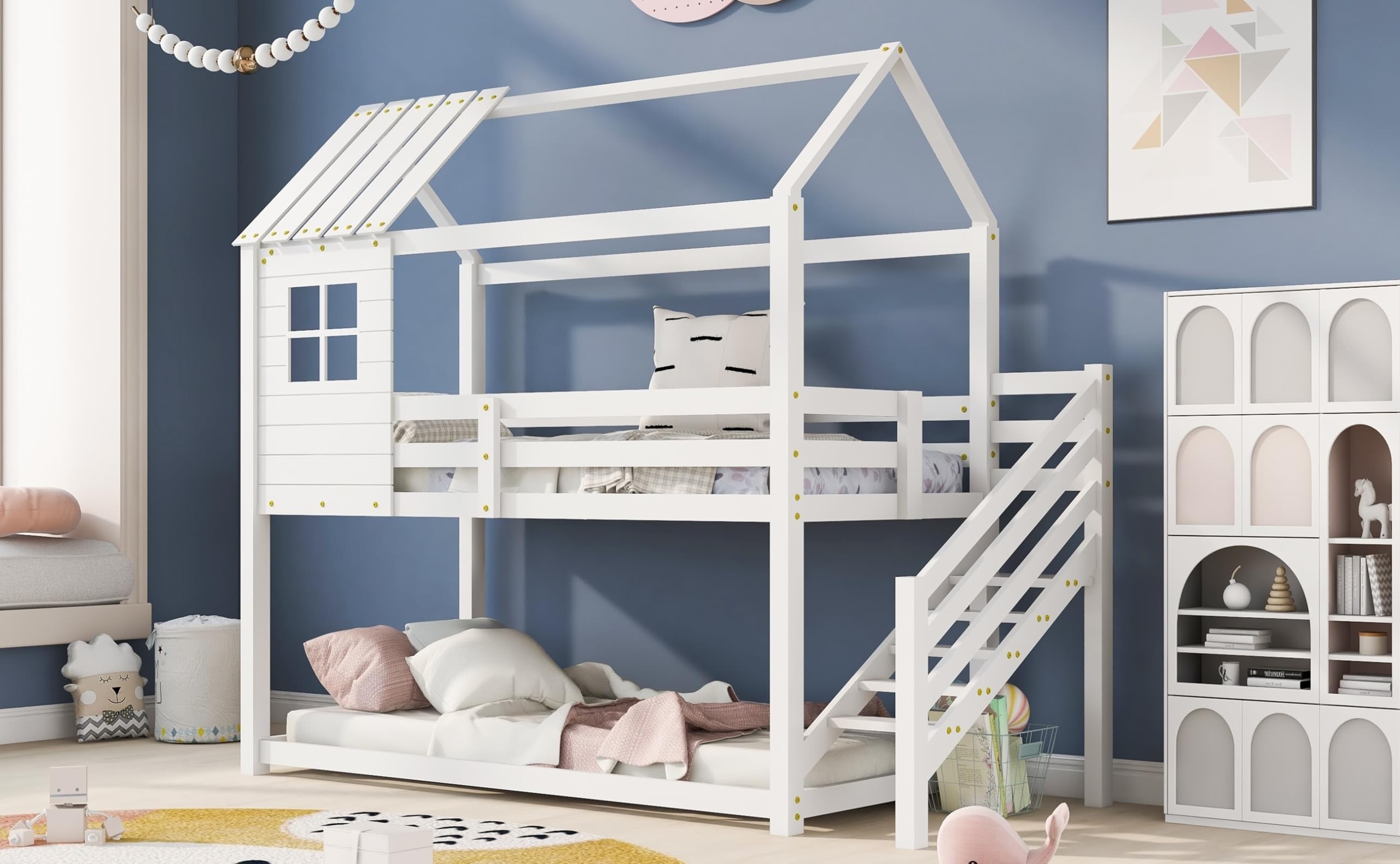 KnSam Etagenbett, Bett mit Ecktreppe, Hausbett, Kinderbett mit Fallschutz und Gitter, Hochbett mit Fenster, Rahmen aus Kiefer, Weiß (200x90cm)