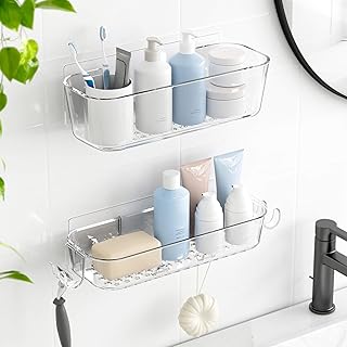 TZAMLI Clear Shower Caddy, Adhesive Shower Organizer Rustproof Shelf with Razor Holder and Hook, Wall Mounted Shelves Rack for Bathroom Kitchen Storage, 2 Pack