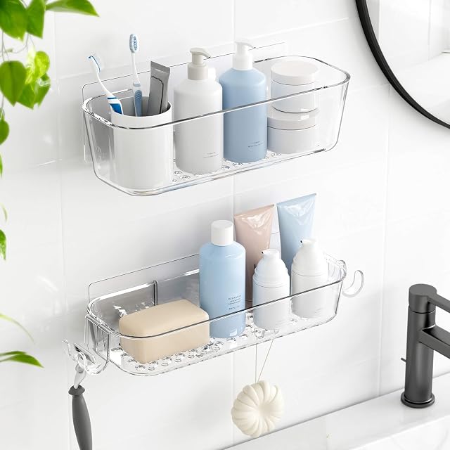 TZAMLI Clear Shower Caddy Adhesive Shower Organizer Rustproof Shelf with Razor Holder and Hook Wall Mounted Shelves Rack