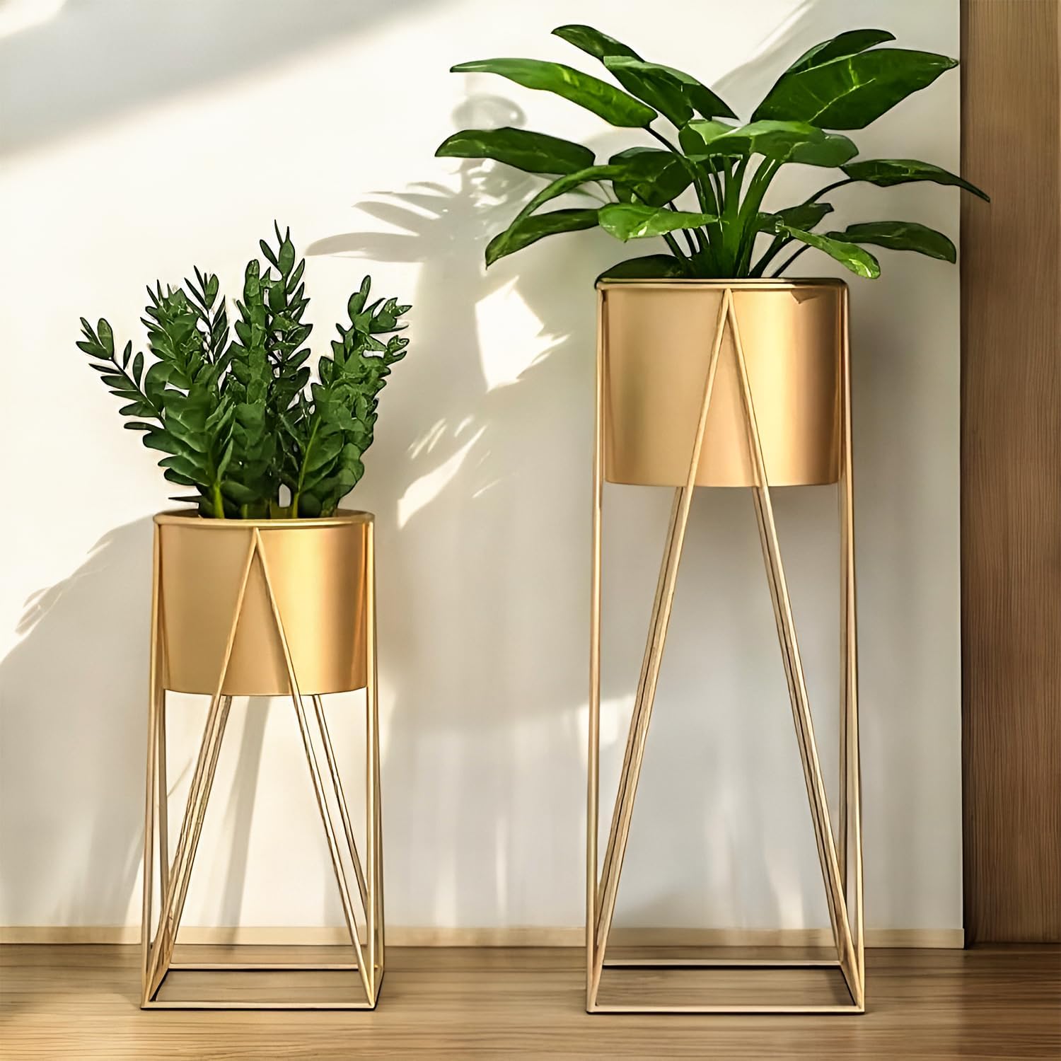 WonderStand CLEO Plant Stand for Living Room | Metal Planters for Indoor Living | Planter Pots included (Set of 2 Flower Pots, Golden)